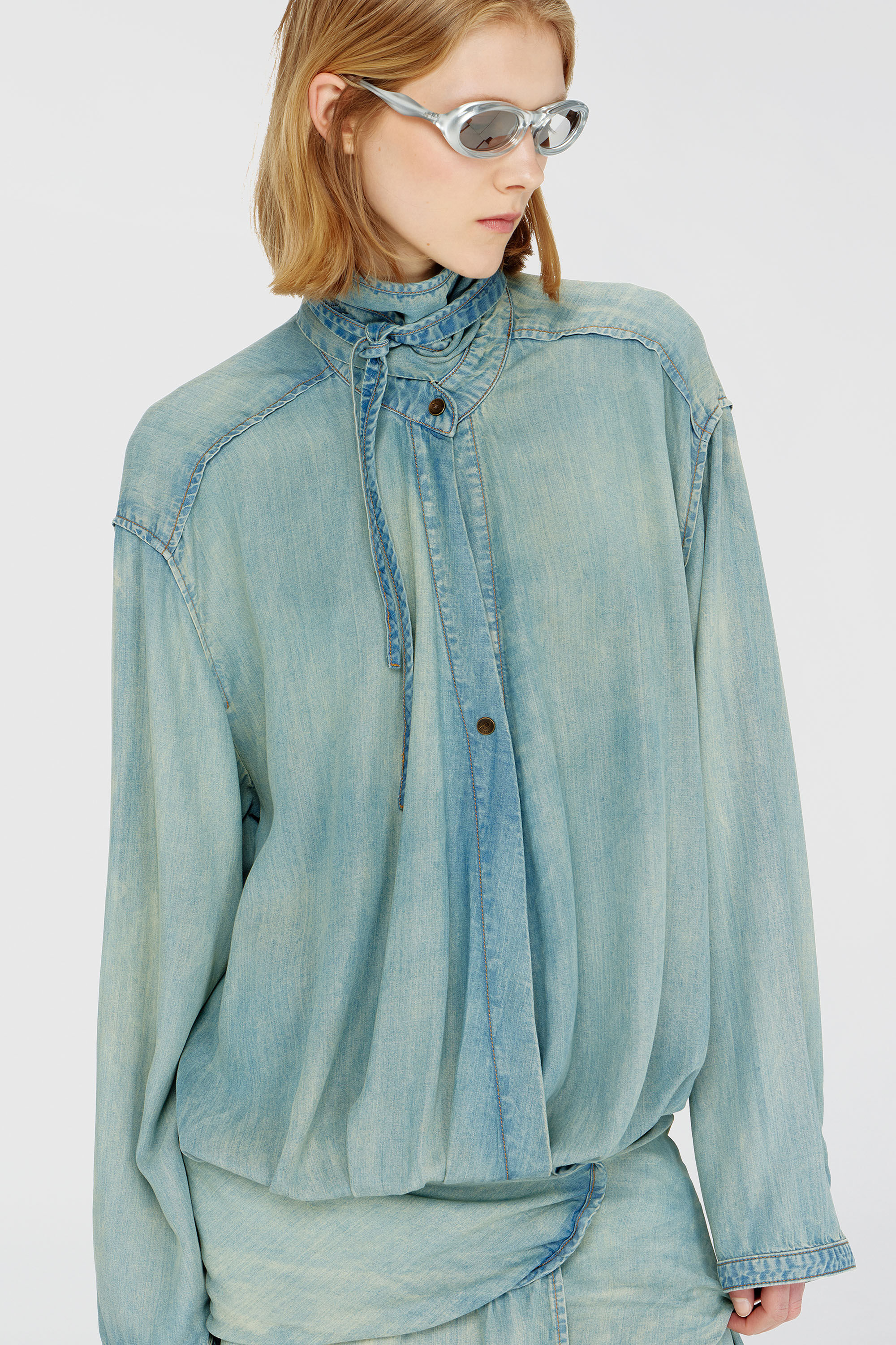 Diesel - DE-TILORA-S, Woman's Oversized draped denim shirt dress in Light Blue - 5