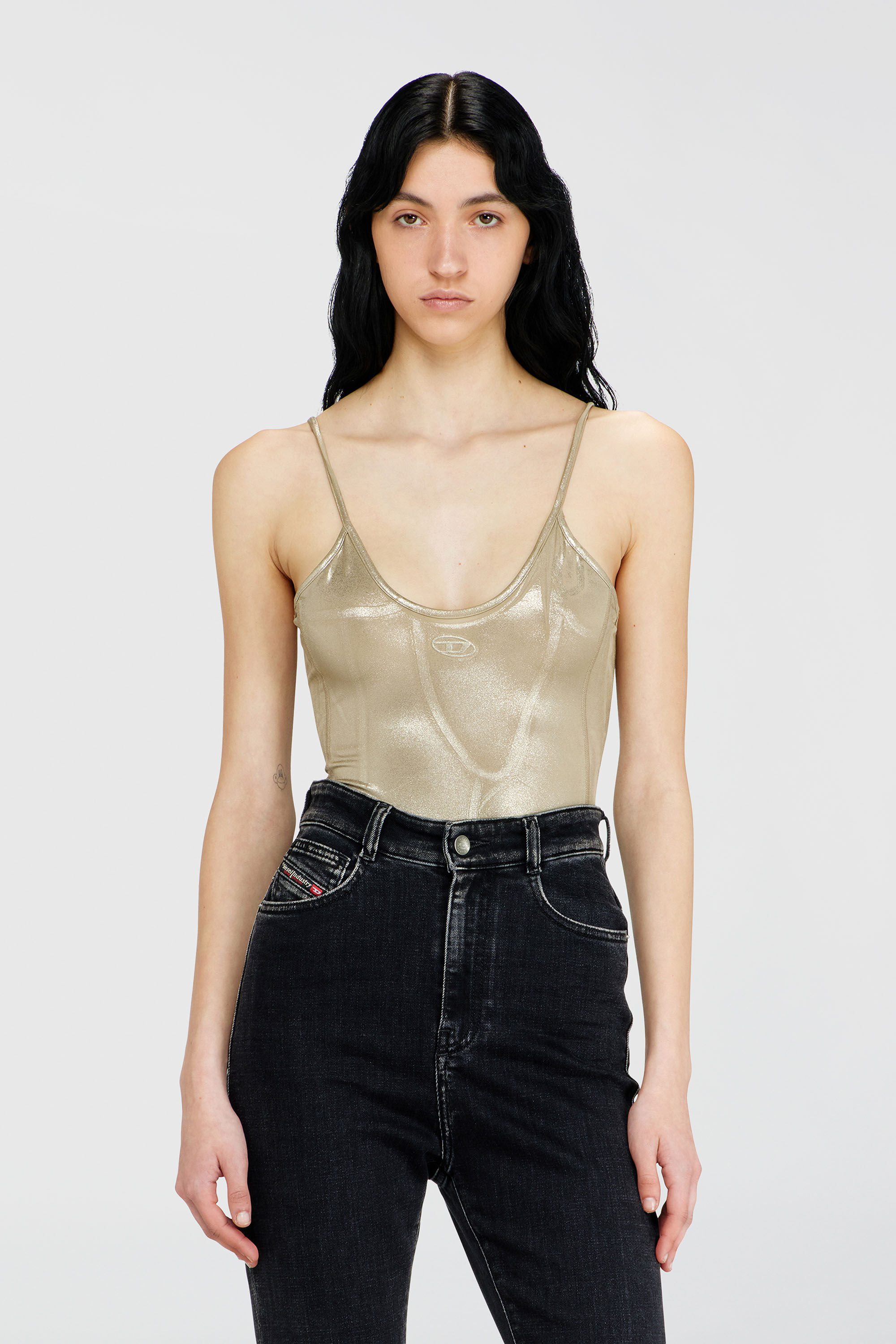 Diesel - T-IMYNY, Woman's Shiny jersey bodysuit with round neck in Gold - 3