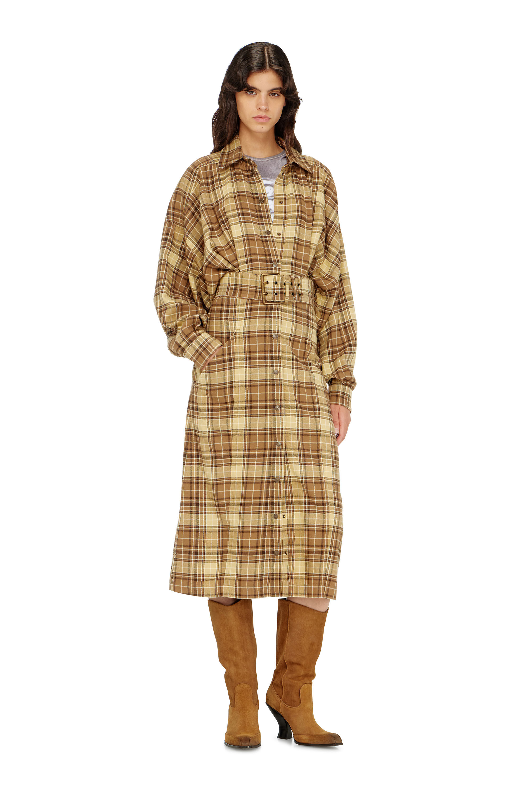 Diesel - D-EDALUS, Woman's Midi dress in check flannel with wide belt in Brown/Yellow - 3