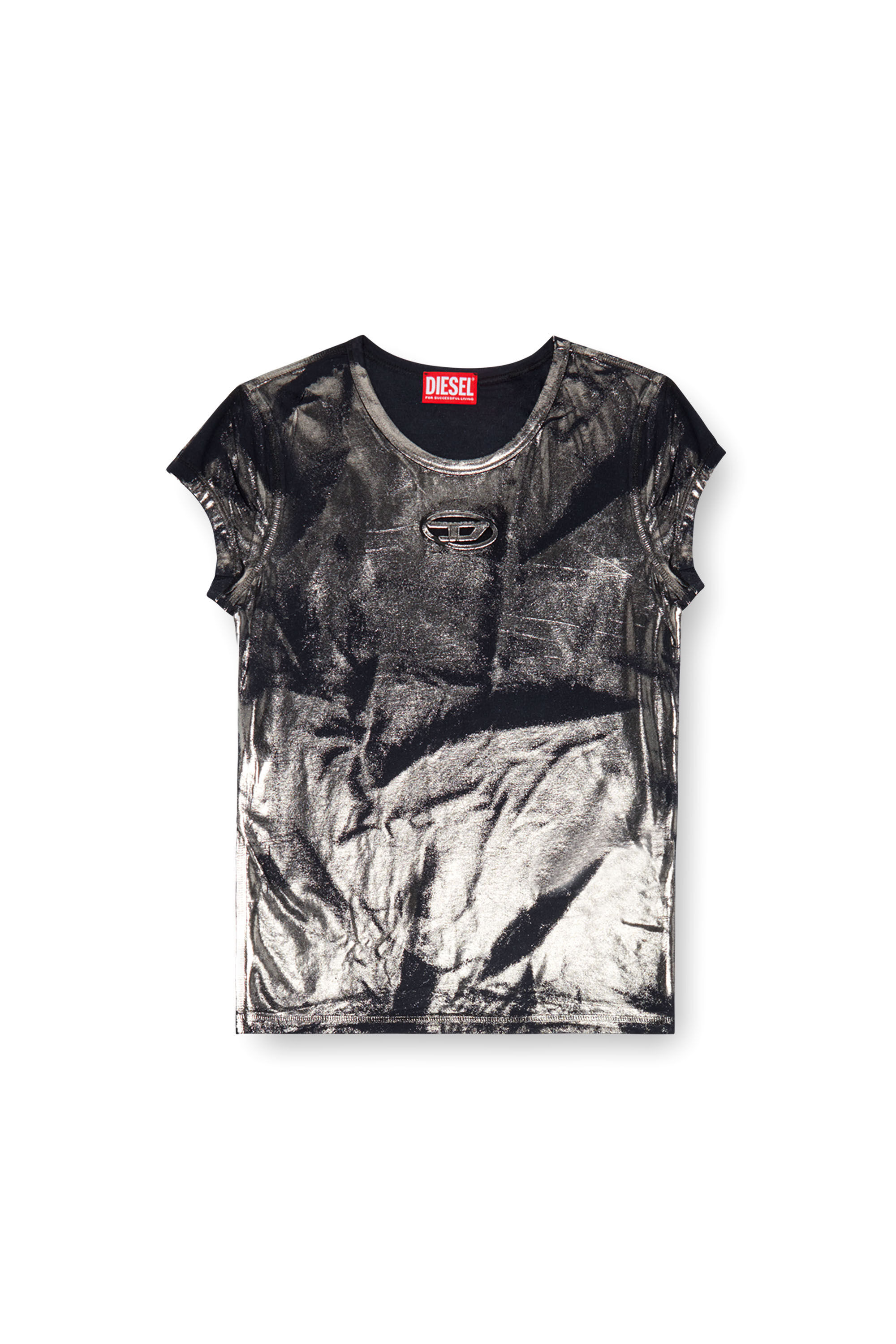 Diesel - T-ANGIE-P1, Woman's Foiled T-shirt with cut-out logo in Black - 2