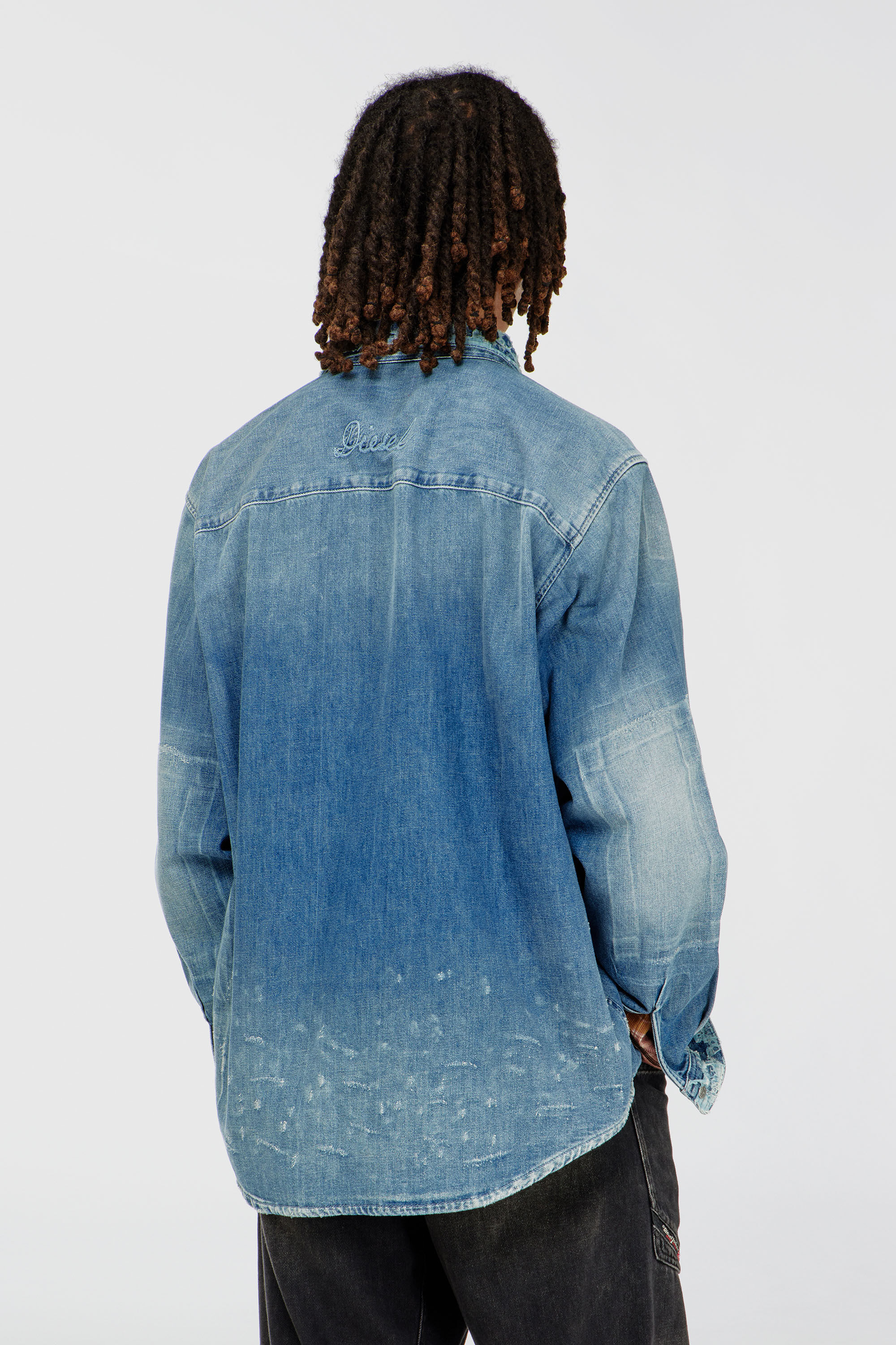 Diesel - D-SIMPLY, Man's Shirt in distressed patch-effect denim in Medium blue - 4