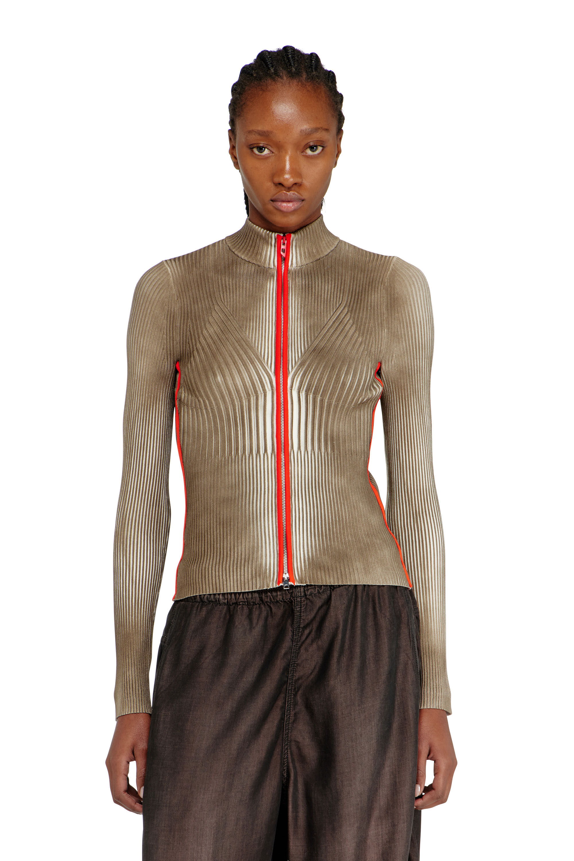 Diesel - M-SARMA, Woman's Ribbed zip cardigan with contrast bands in Red/Brown - 3