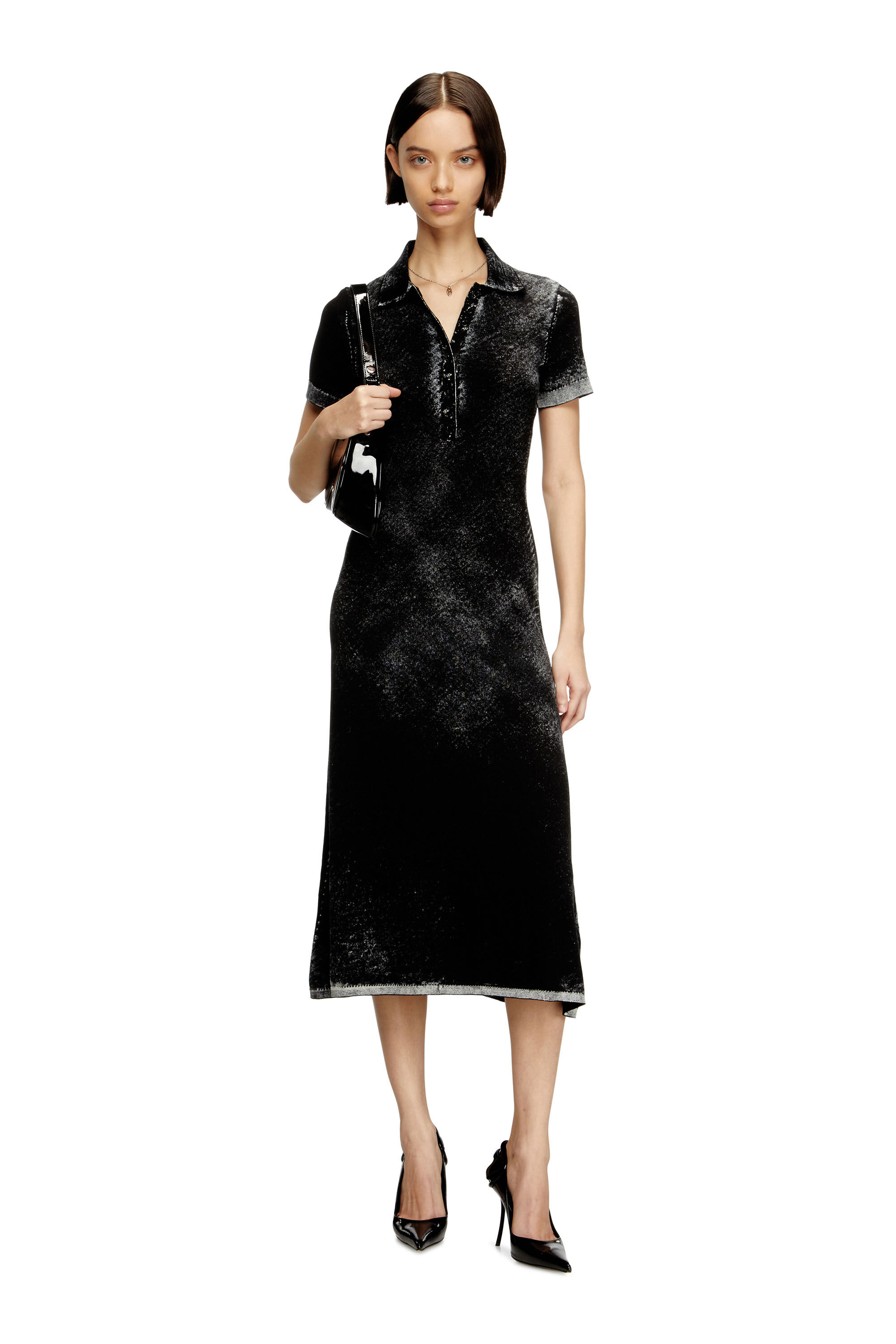 Diesel - M-LOURENS, Woman's Midi polo dress in reverse-printed knit in Black - 1