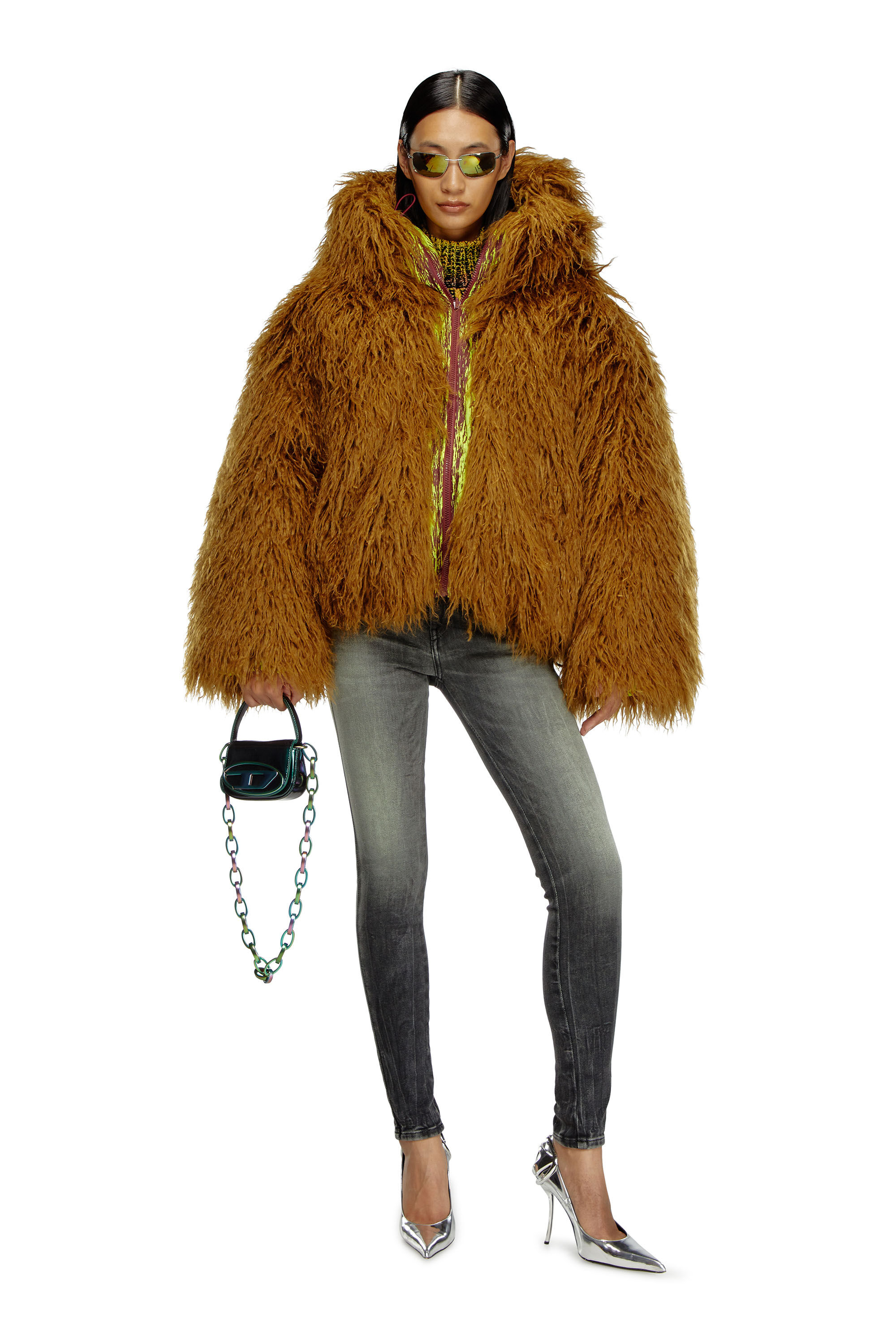 Diesel - W-ASABI, Woman's Reversible devoré and shaggy hair jacket in Brown - 1