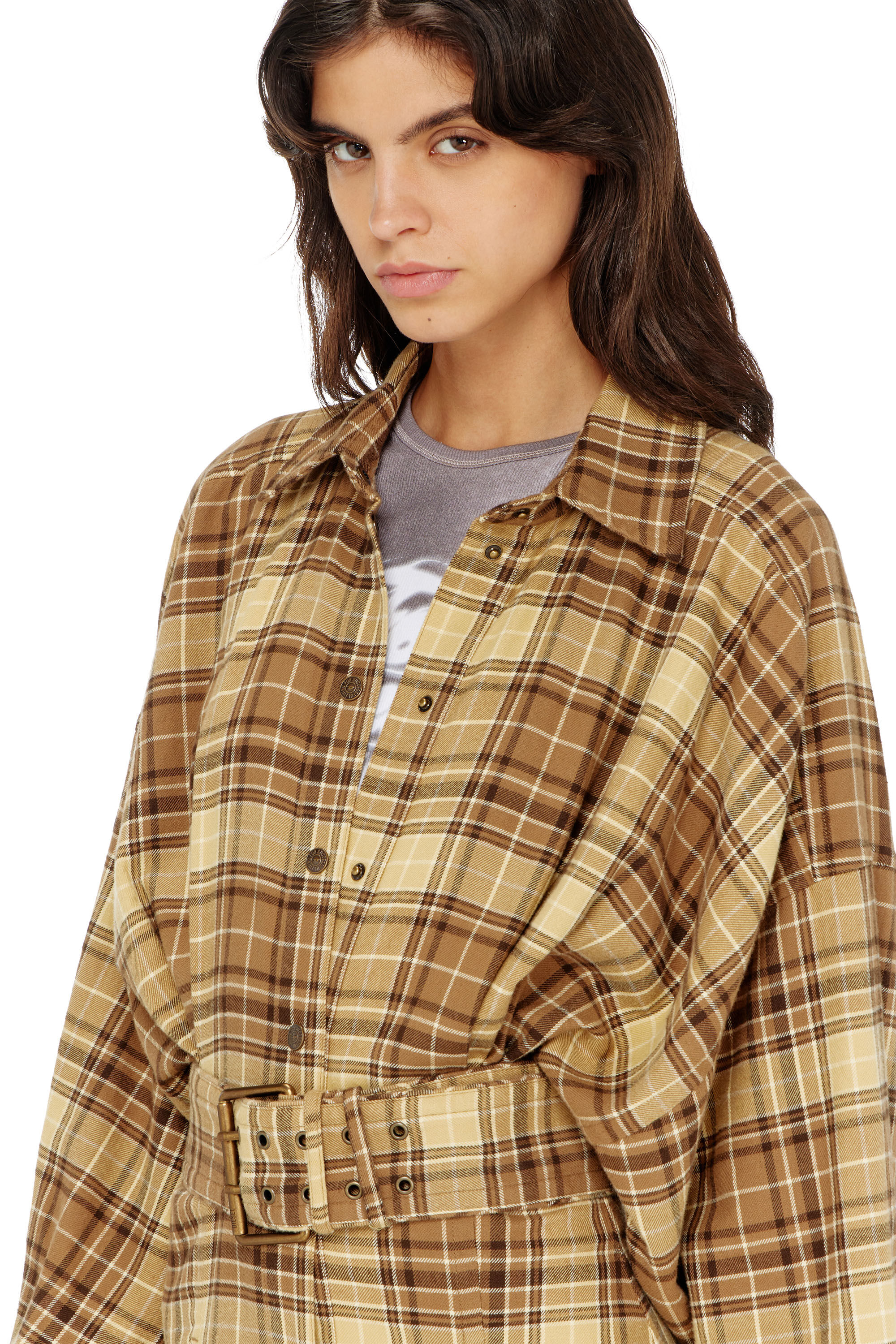 Diesel - D-EDALUS, Woman's Midi dress in check flannel with wide belt in Brown/Yellow - 5