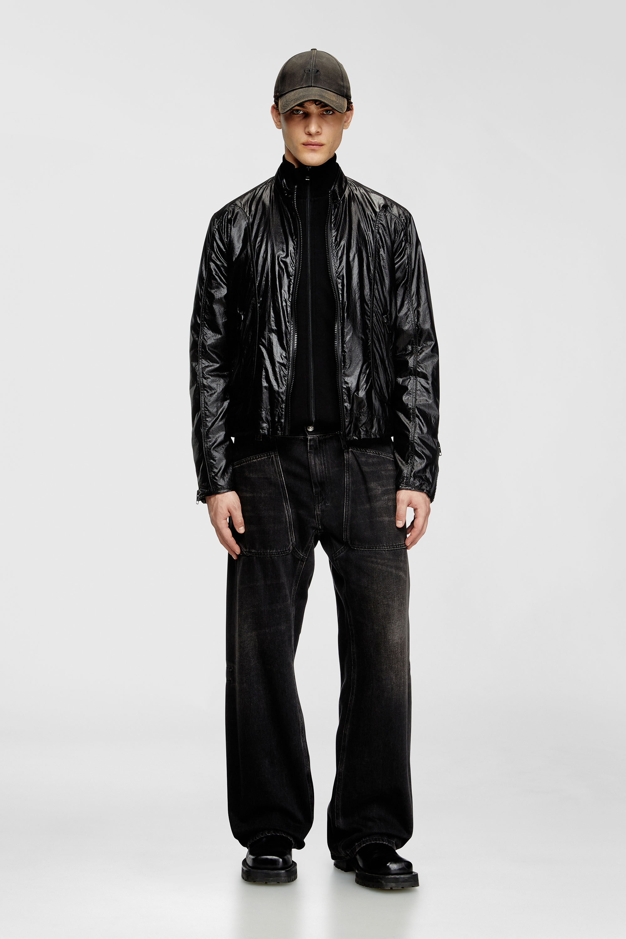 Diesel - J-CLAYS, Man's Biker jacket in shiny ripstop in Black - 1