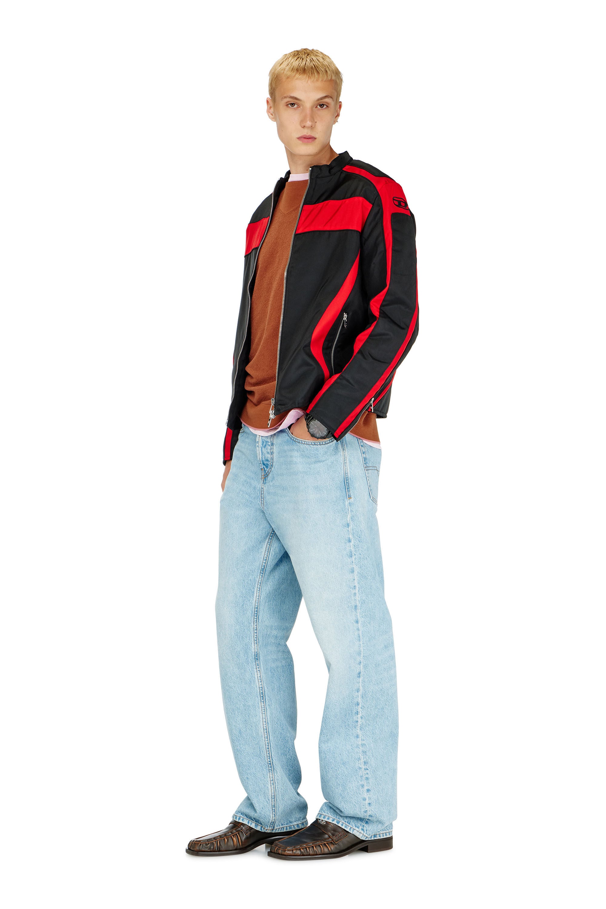 Diesel - J-ADAM-PDAI, Man's Biker jacket in colour-block canvas in Black/Red - 1