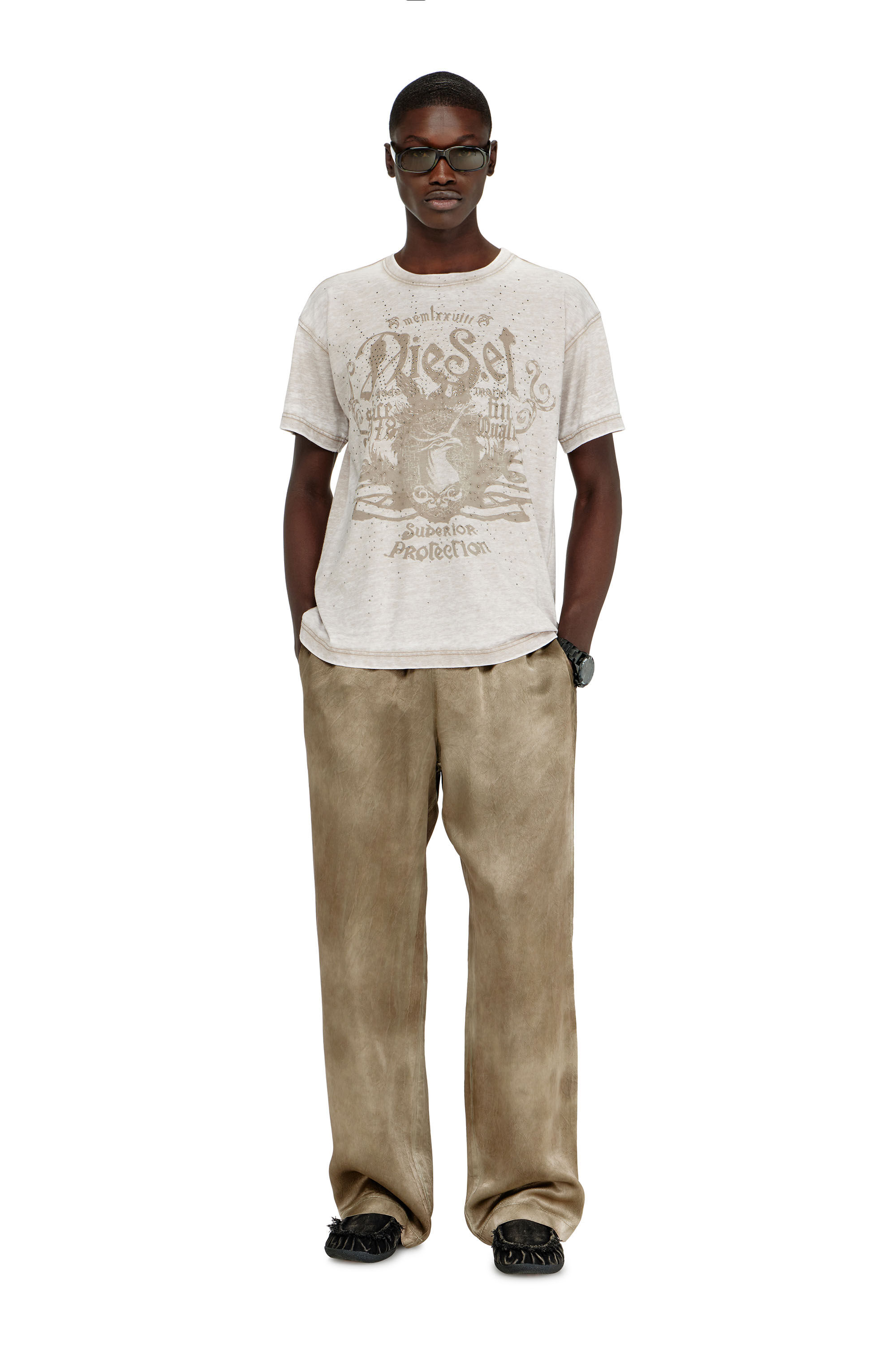 Diesel - T-NORM-AA8, Man's Jersey T-shirt with burnout wash and studs in Beige - 1