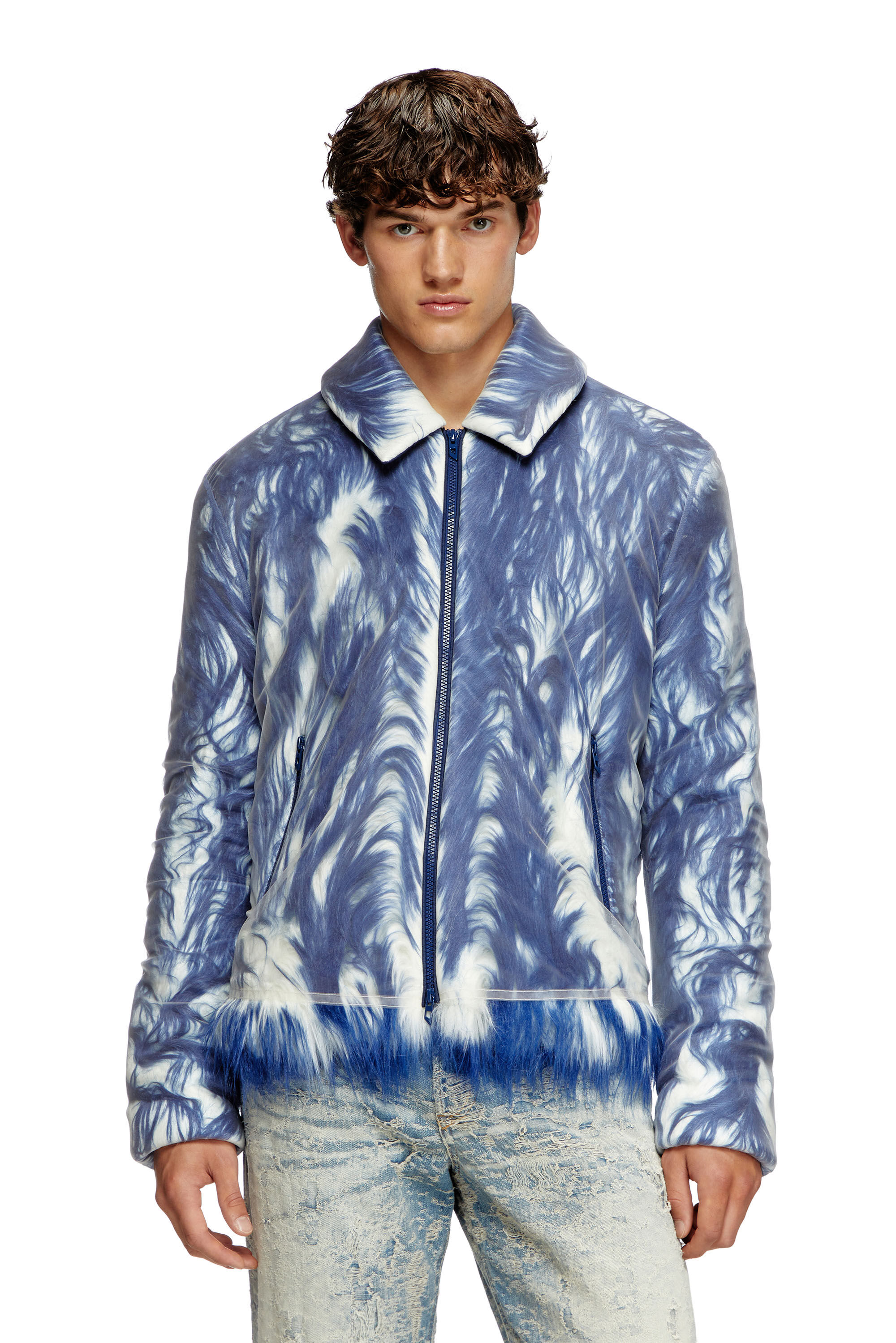 Diesel - W-WOUFY, Man's Fluffy jacket with sheer tulle overlay in Blue - 3