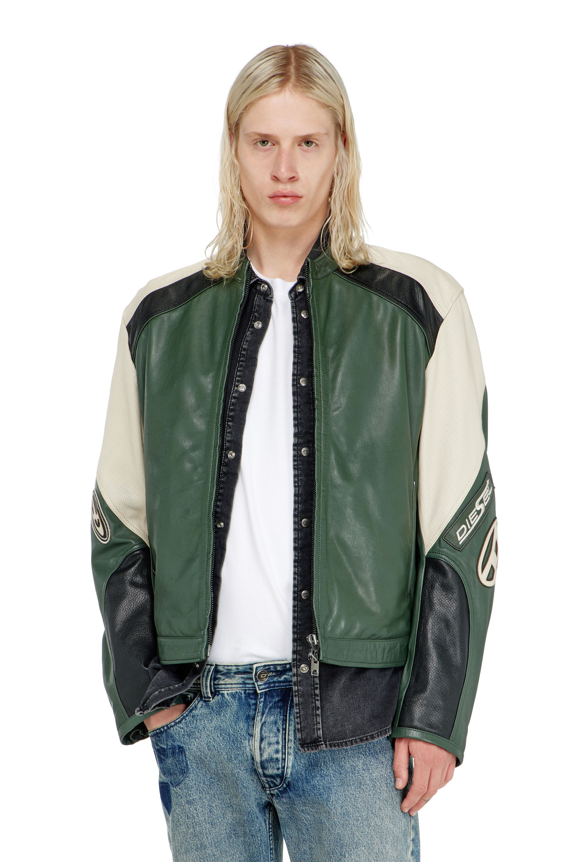 Diesel - L-AHTI, Man's Biker jacket in colour-block perforated leather in null - 3