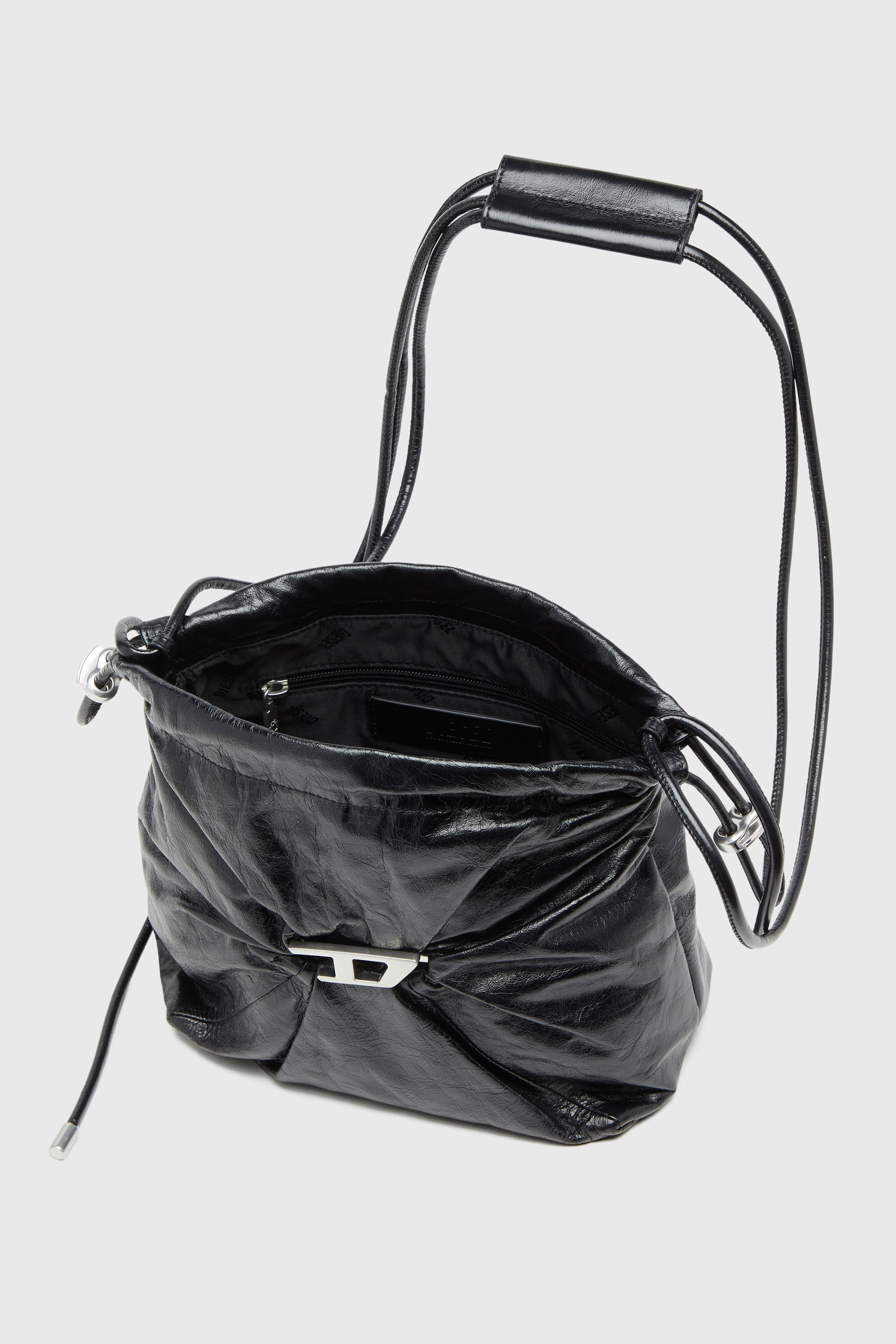 Diesel - SCRUNCH-D BUCKET, Woman's Scrunch-D-Bucket bag in shiny wrinkled leather in Black - 4