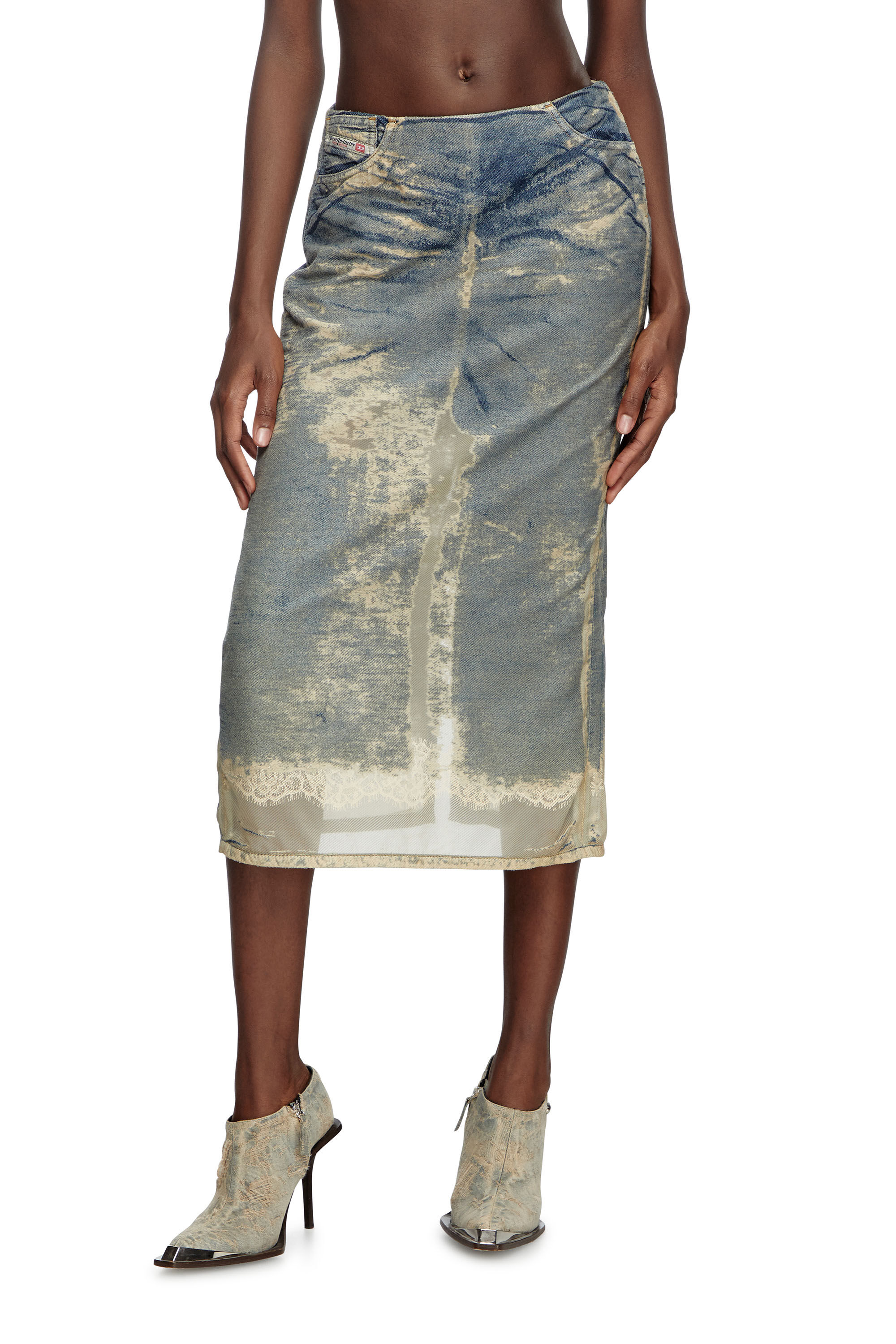 Diesel - DE-PRA-FSF, Woman's Midi skirt in floating devoré denim in Medium blue - 3
