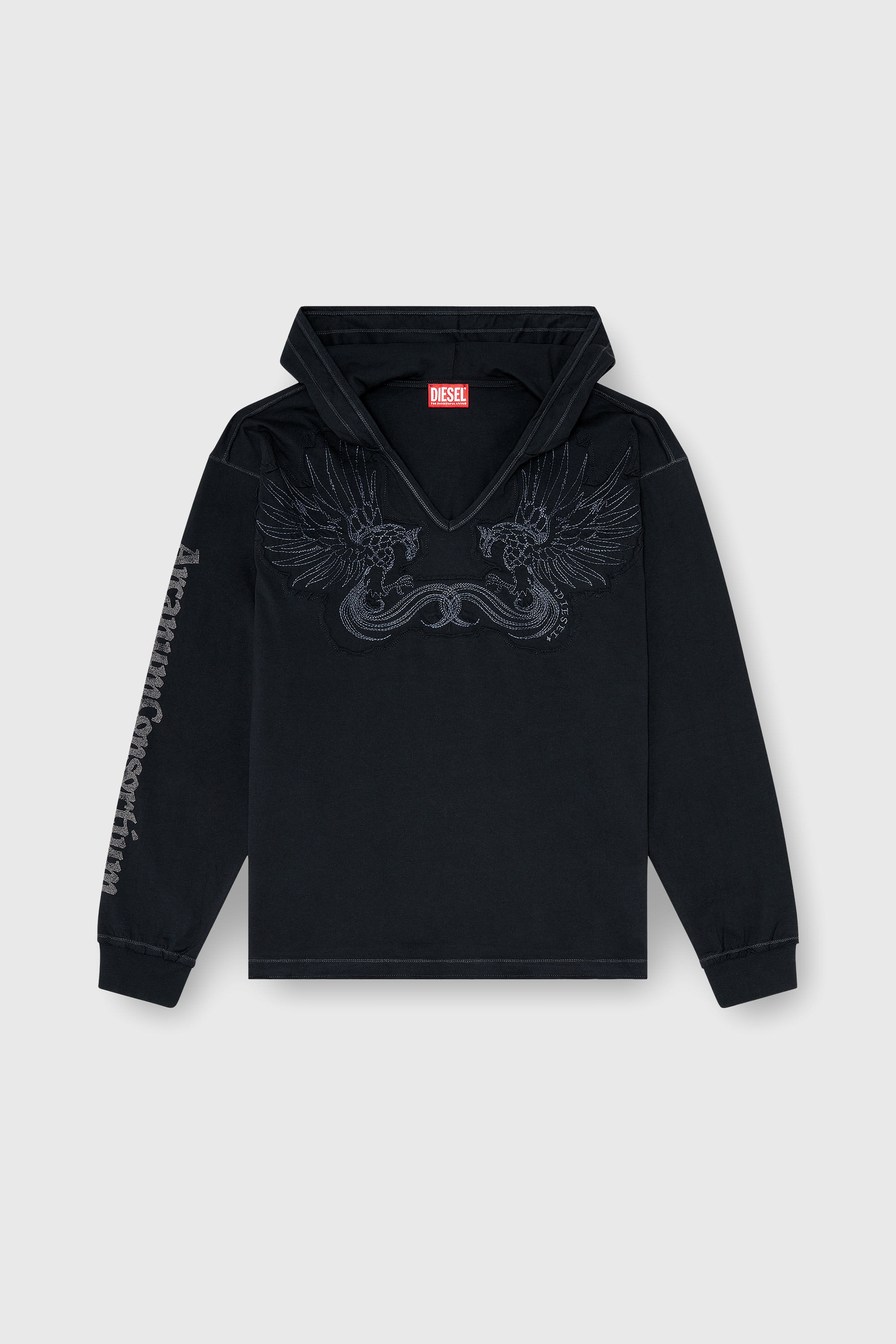 Diesel - T-PHEN-LS-HOOD-RIB, Man's Hoodie with V-neck and embroidered front in Black - 2