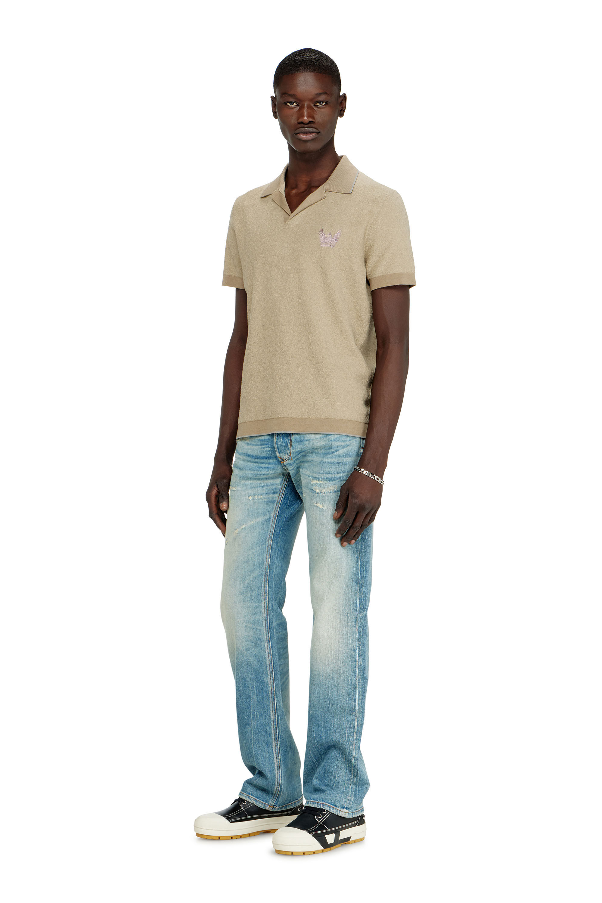 Diesel - K-RAILES, Man's Boucl&eacute;-knit polo shirt with Phoenix logo in Beige - 1