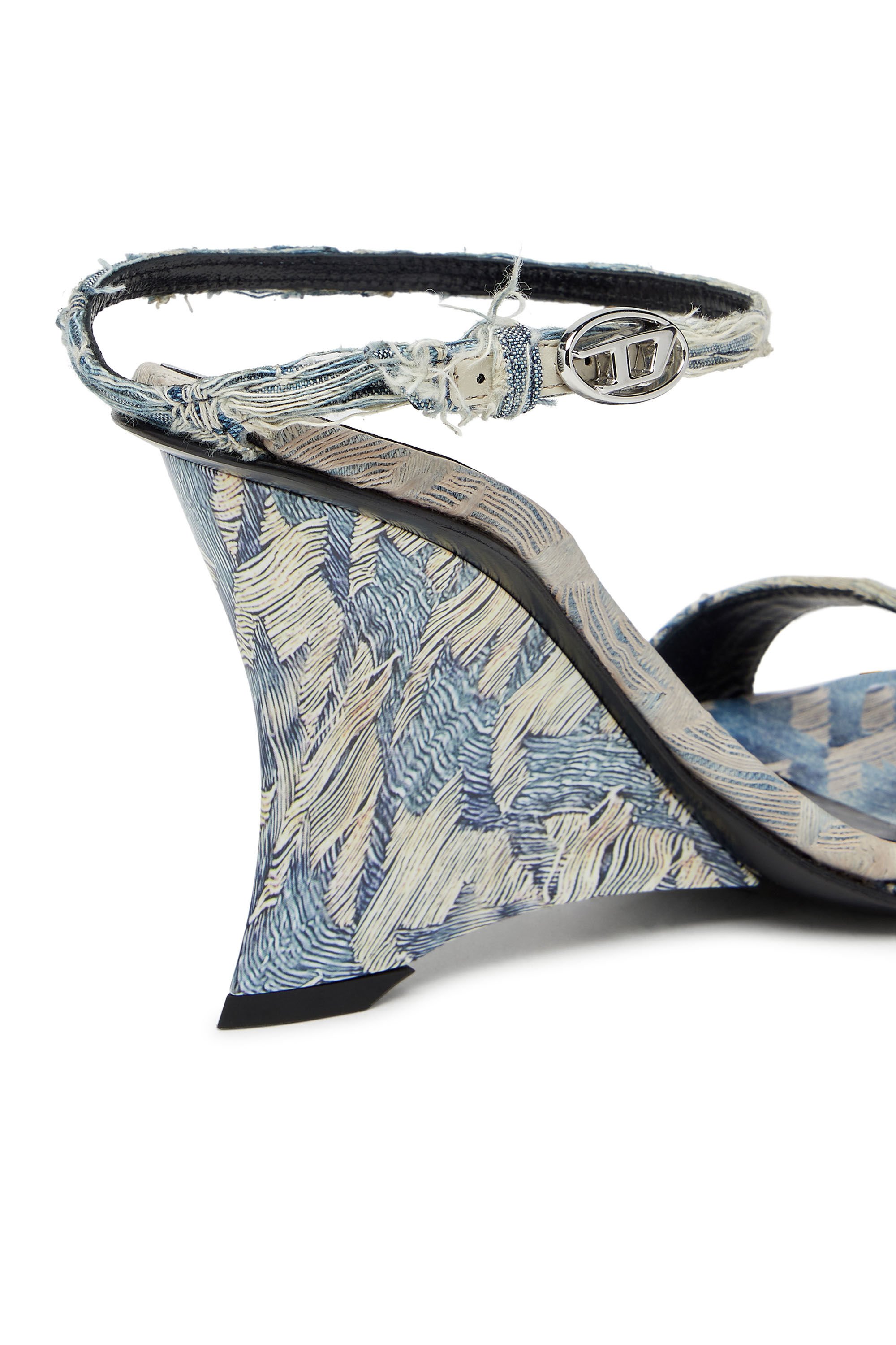 Diesel - D-AMBER SANDAL WEDGE, Woman's D-Amber-Wedge sandals in jacquard denim in Light Blue - 3