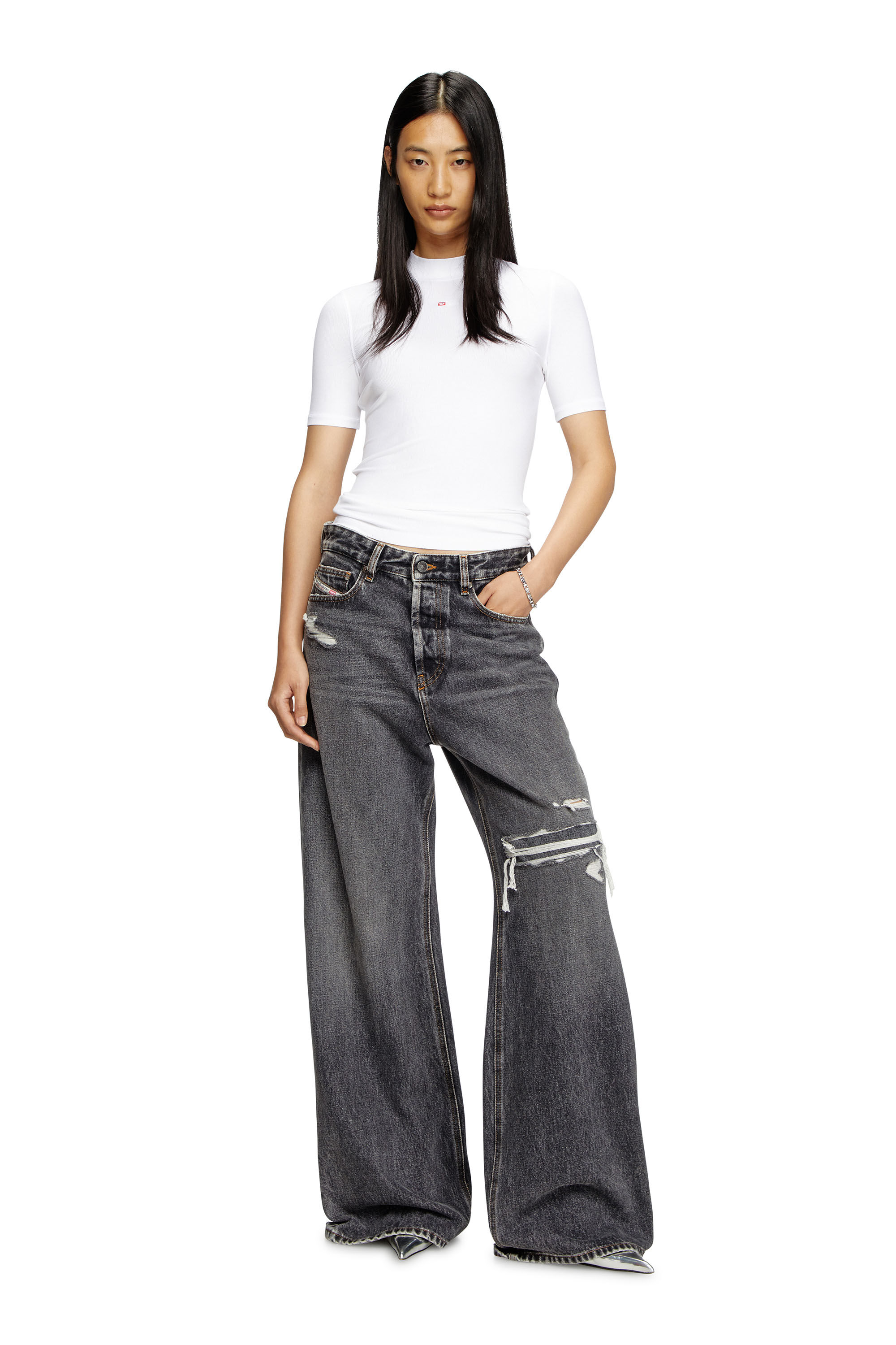 Diesel - T-MOKKY-MICRODIV, Woman's Ribbed T-shirt with mock neck in White - 1