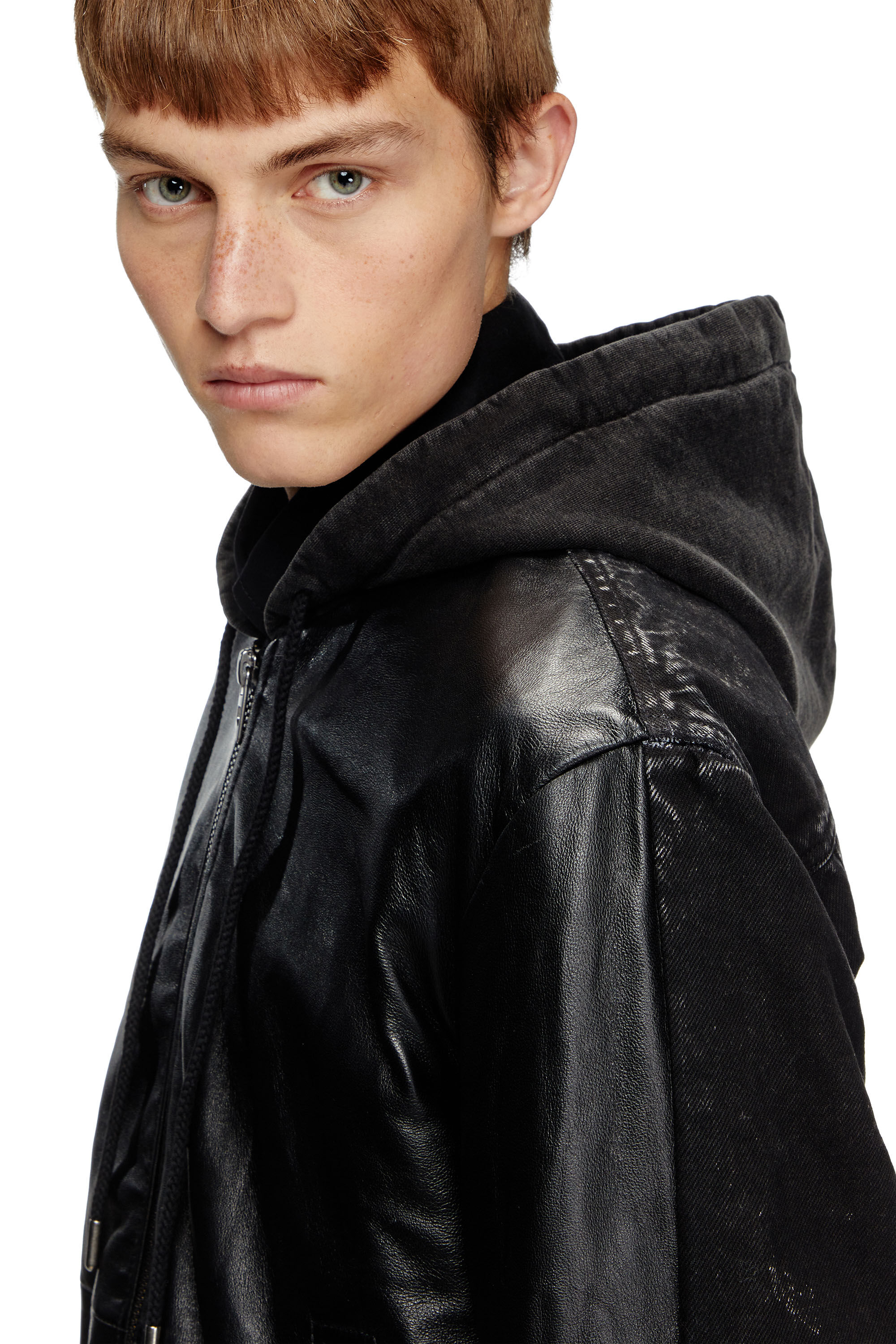 Men's Hooded jacket in leather, cotton and denim | Black | Diesel