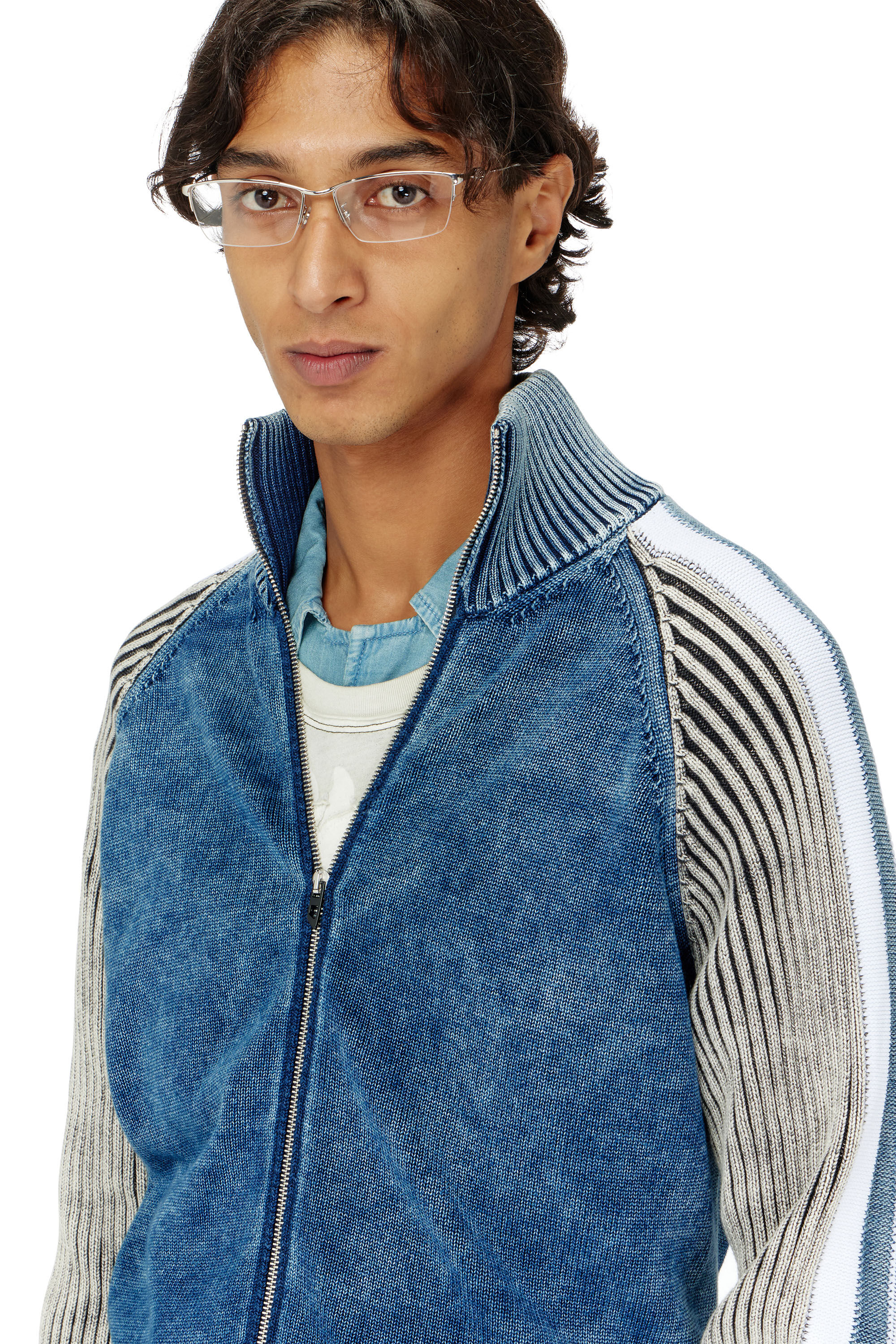 Diesel - K-HERONIMO, Man's Zip-up cardigan with sporty bands in Blue/Grey - 5