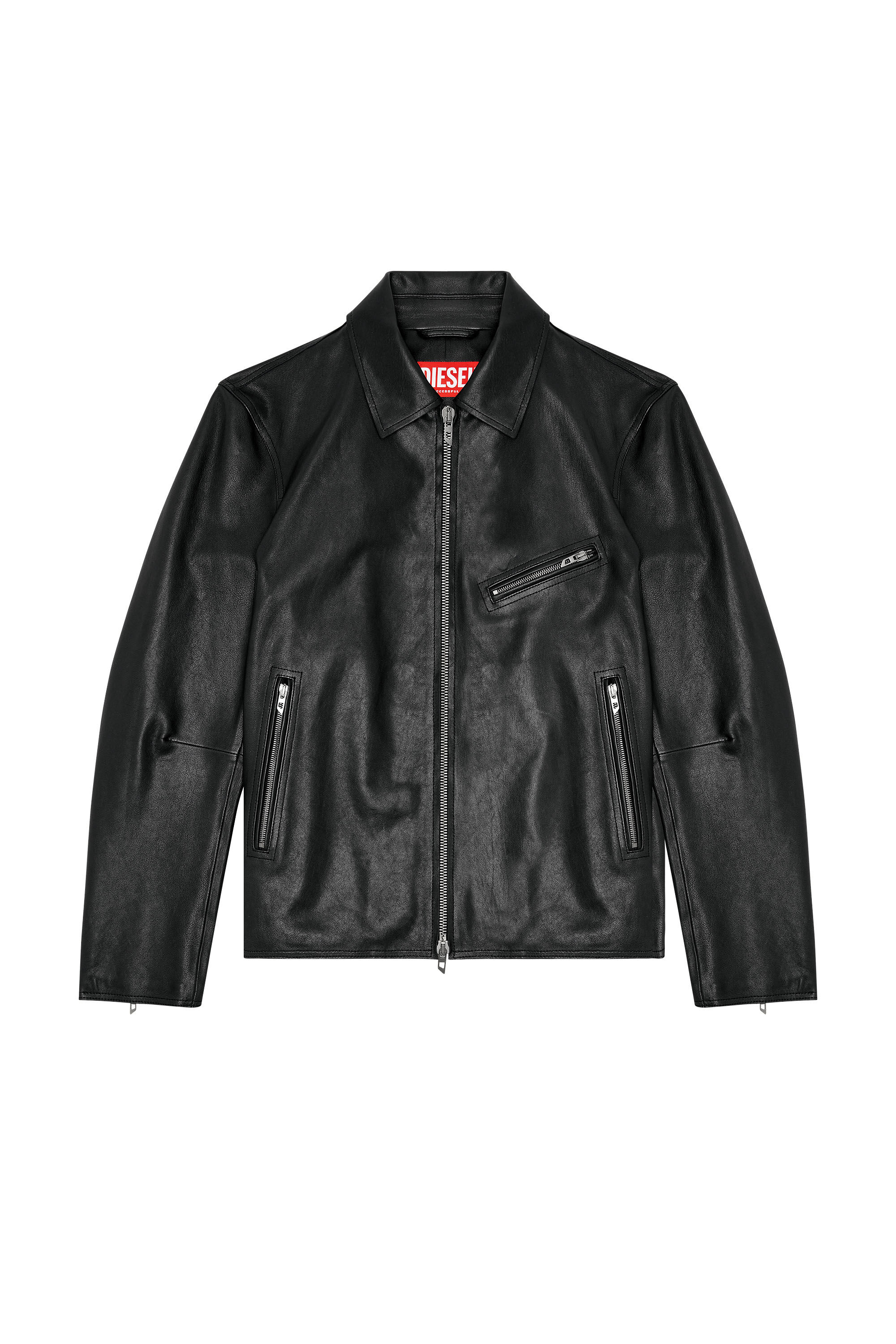 Diesel - L-KORN-A, Man's Leather jacket with embossed Oval D in Black - 2