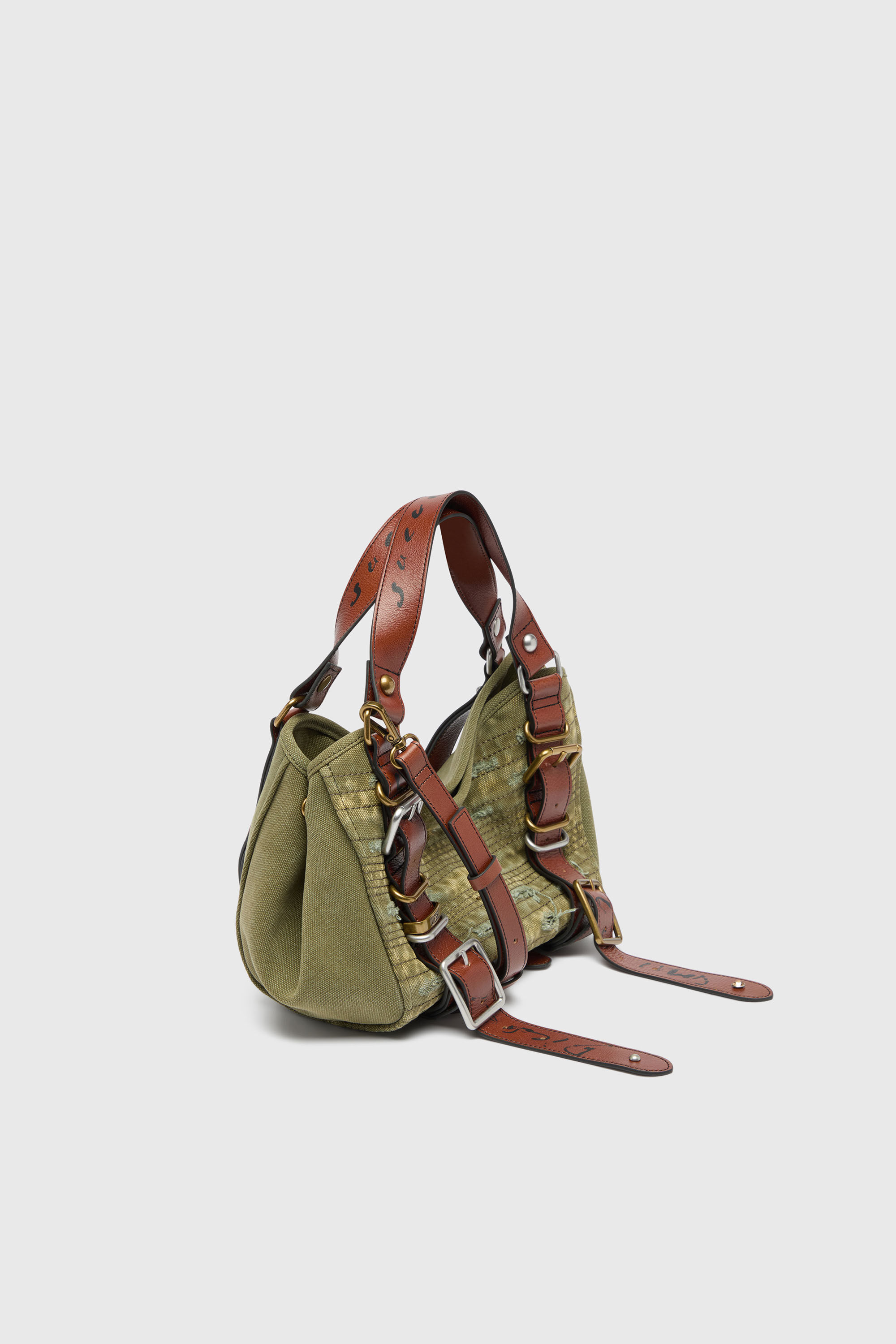 Diesel - D-ONE TOPHANDLE S, Woman's D-One-Small top-handle bag in distressed canvas and leather in Green - 5