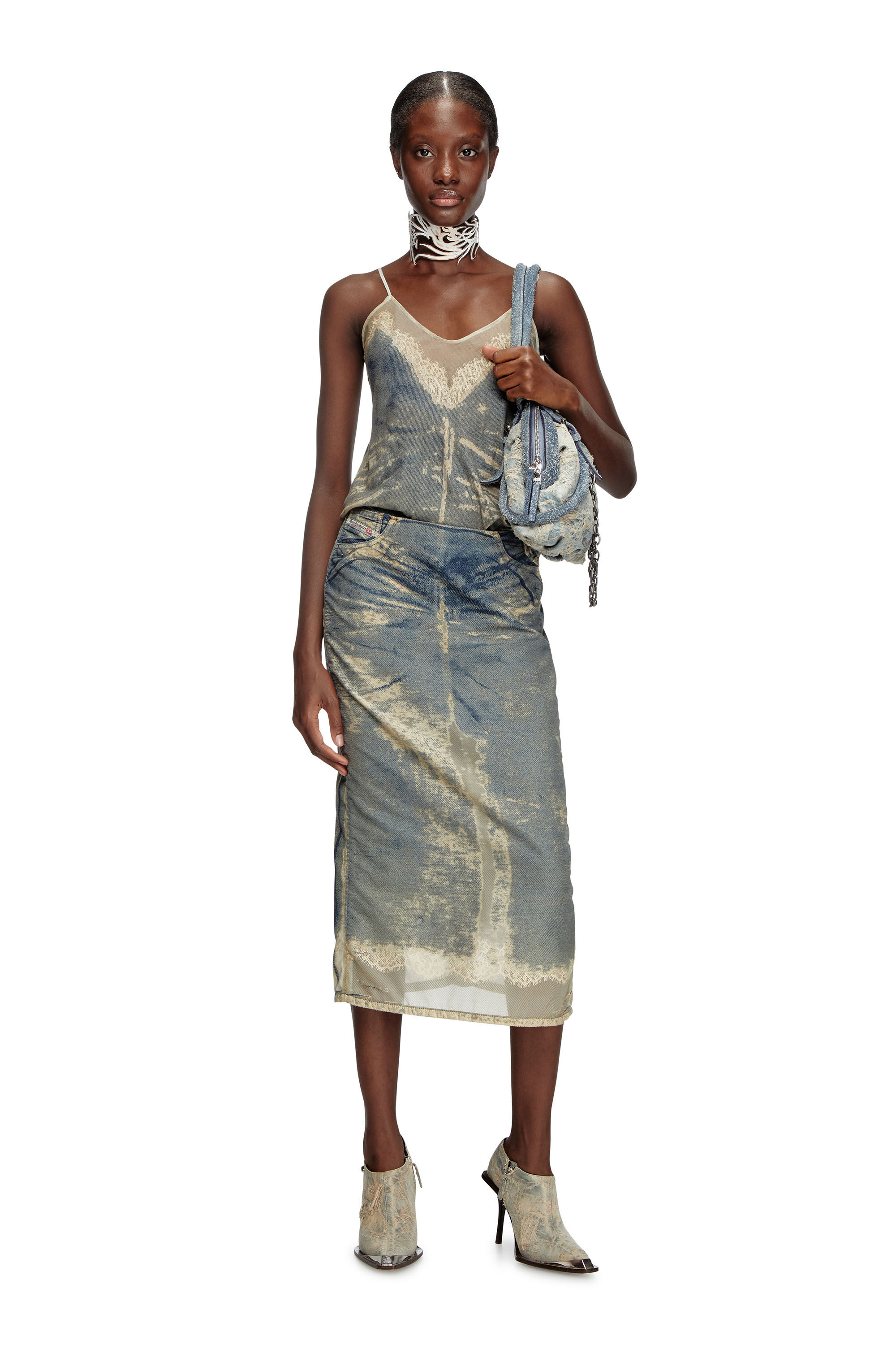 Diesel - DE-PRA-FSF, Woman's Midi skirt in floating devoré denim in Medium blue - 1