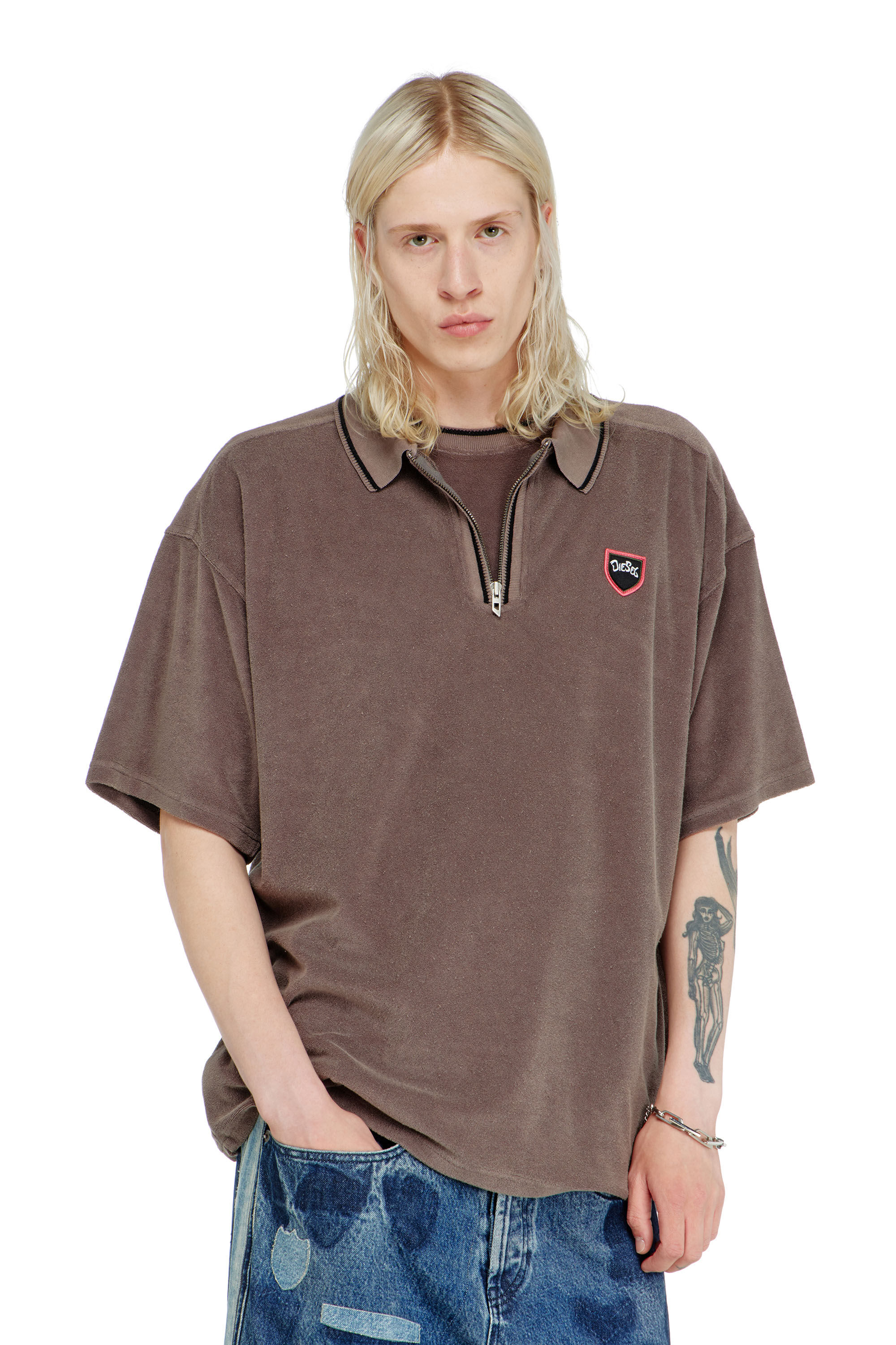 Diesel - T-SPONGY-ZIP, Man's Chenille polo shirt with shield patch in Brown - 3