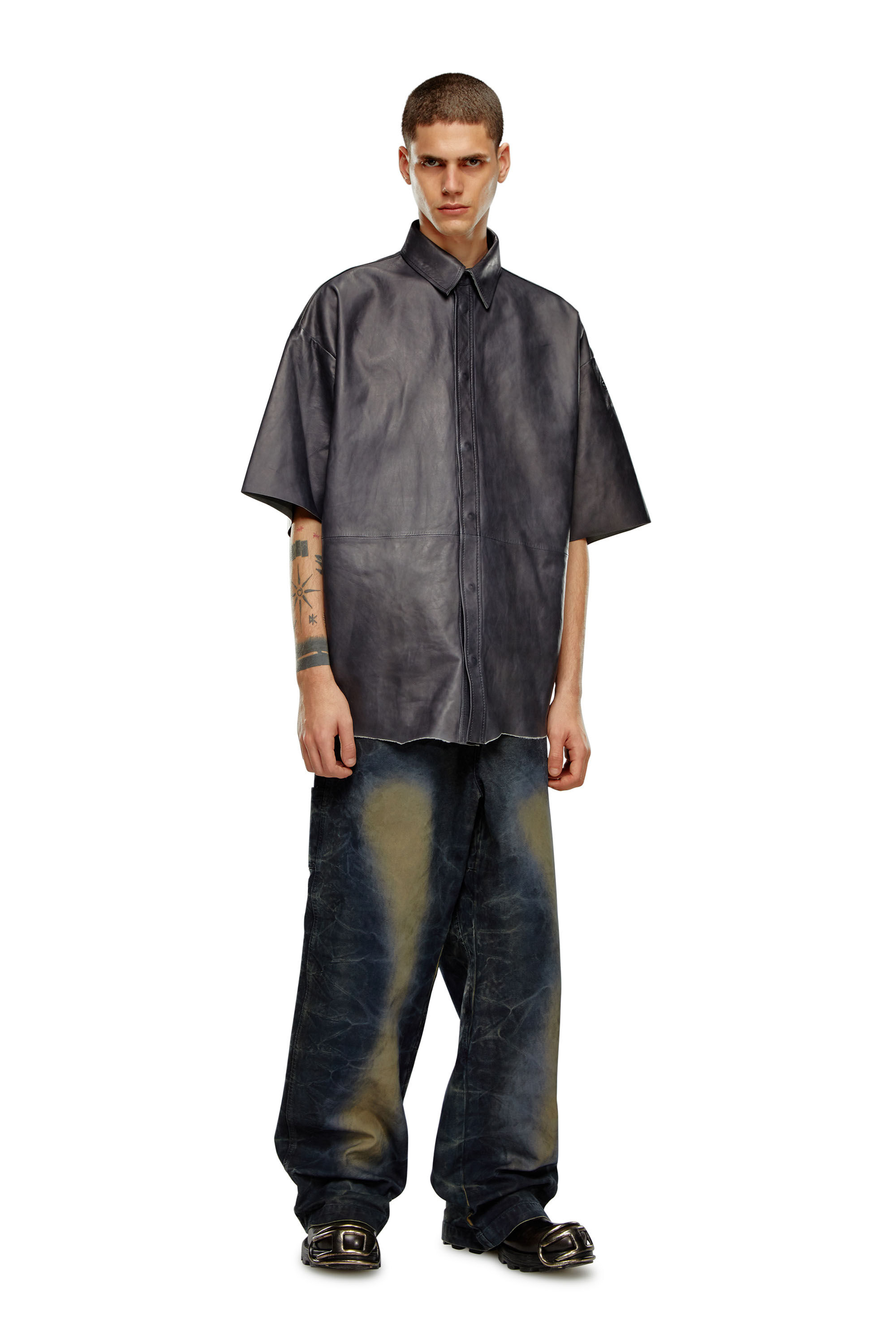 Diesel - S-EMIN-LTH, Man Oversized shirt in treated leather in Black - Image 1