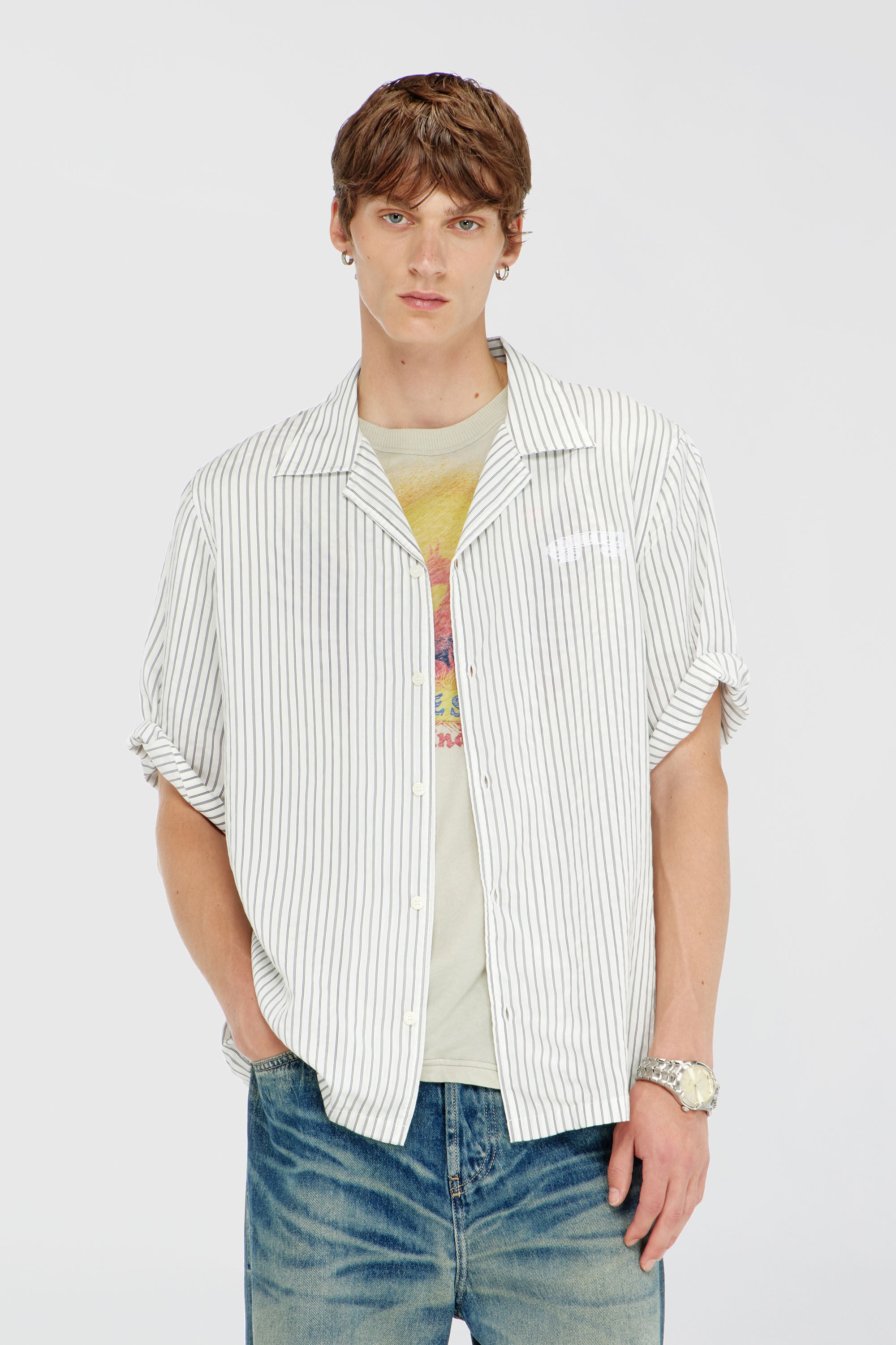 Diesel - S-MAC-EFBV, Man's Half-sleeve shirt in pinstripe modal in White/Grey - 3