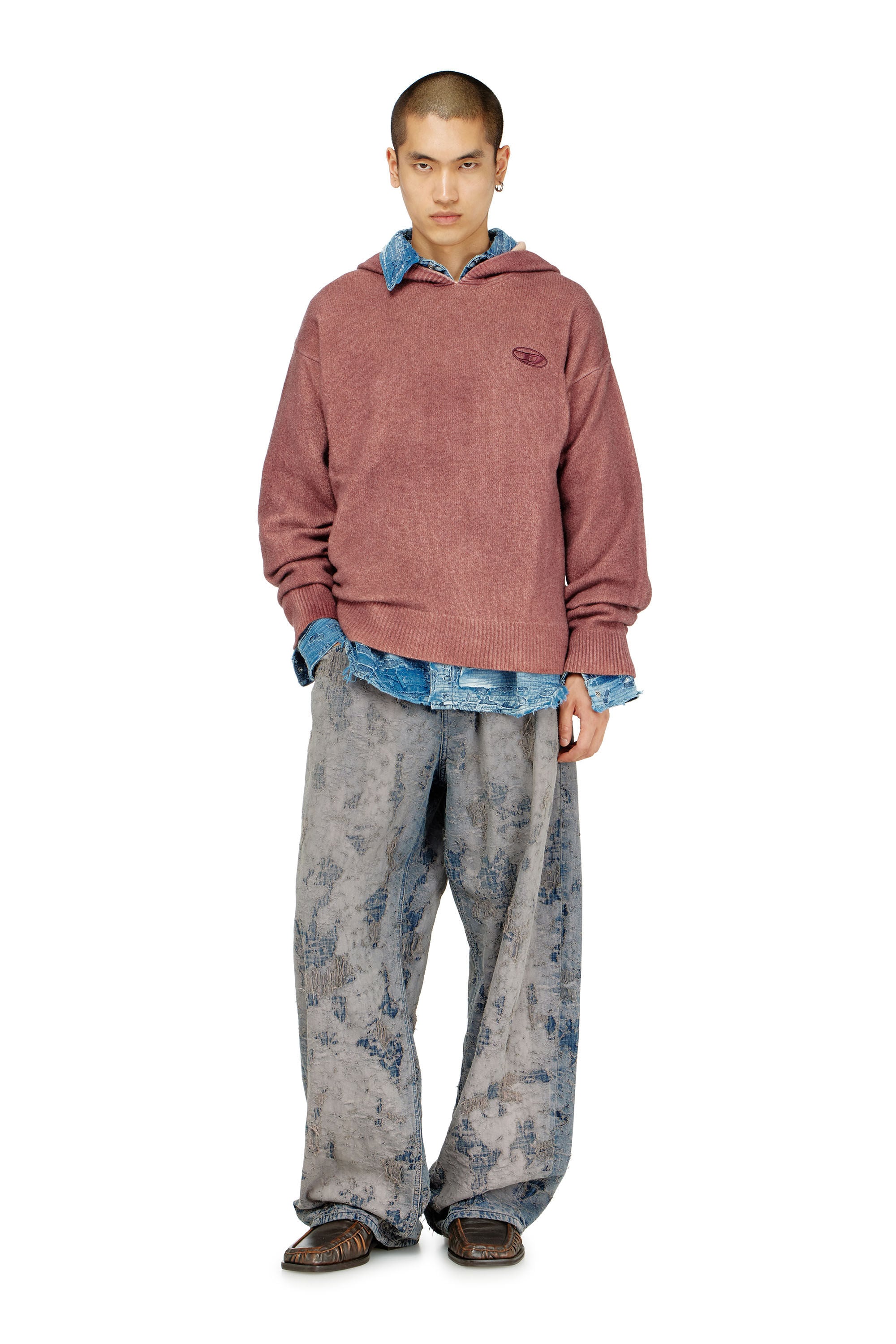 Diesel - K-PICKLED, Man's Double-dyed hoodie in wool-blend knit in Bordeaux - 1