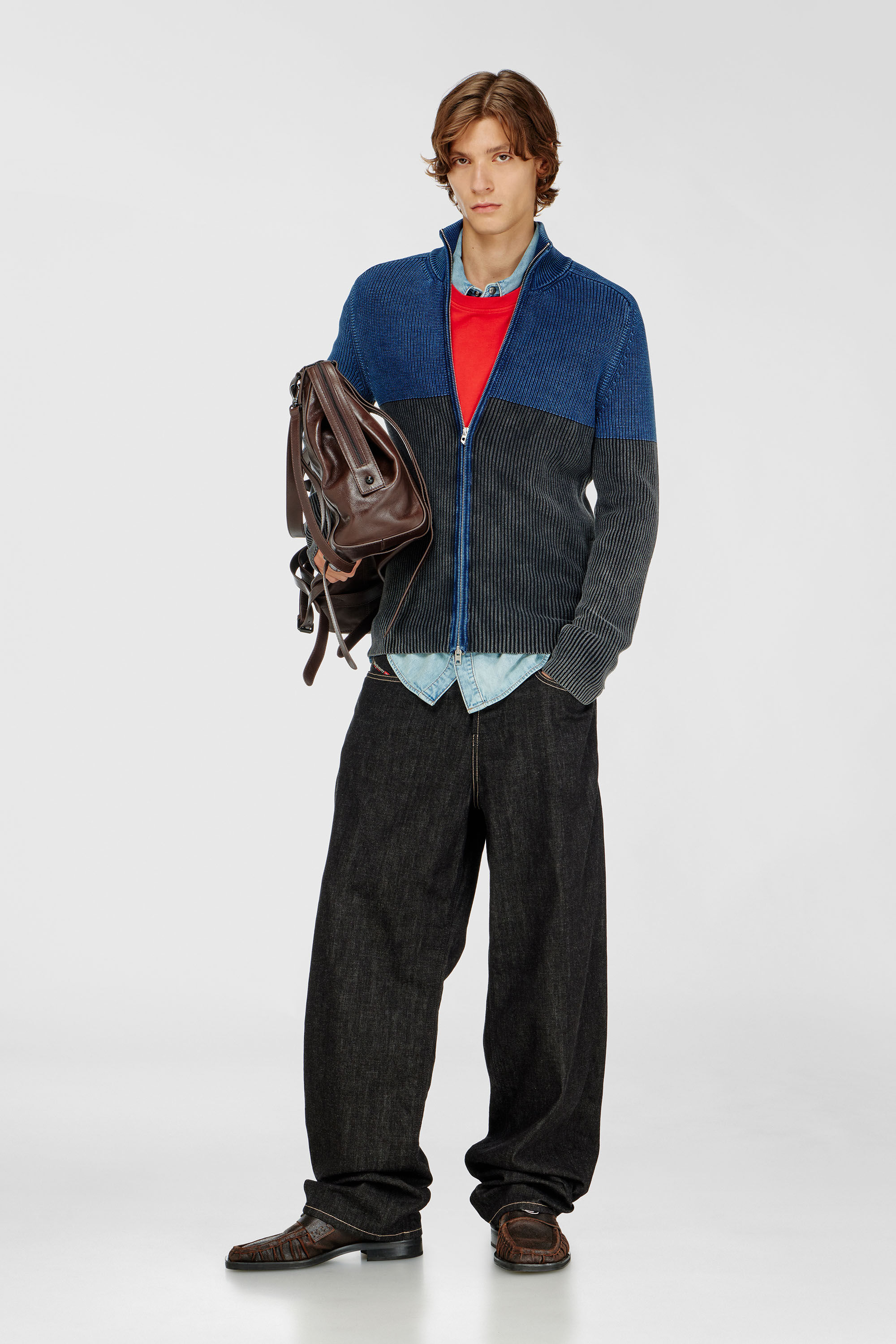 Diesel - K-HERMOS, Man's Zip-up cardigan with two-tone denim effect in Black/Blue - 1