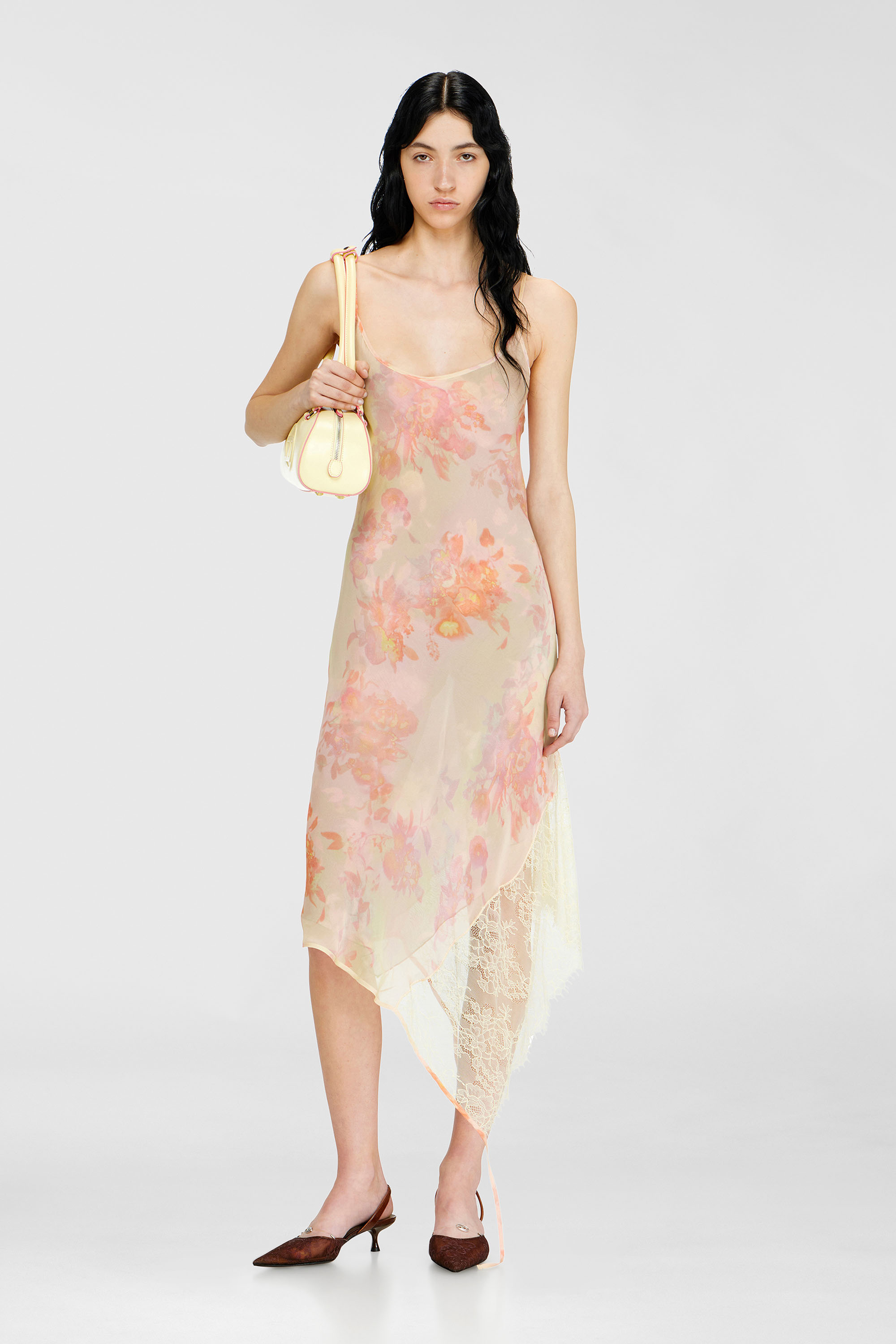 Diesel - D-ANCEL, Woman's Midi slip dress with floral print and lace trim in Pink/Yellow - 1