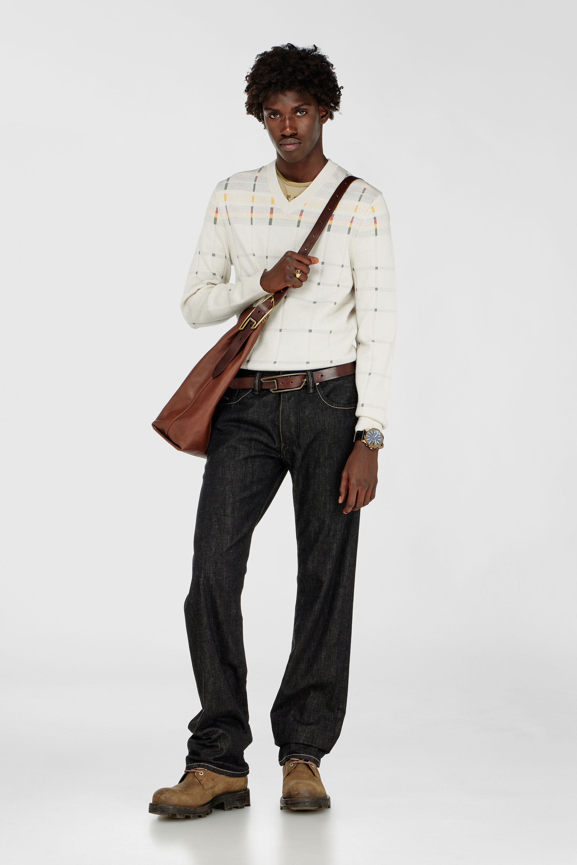 Wool V-neck jumper with check effect
