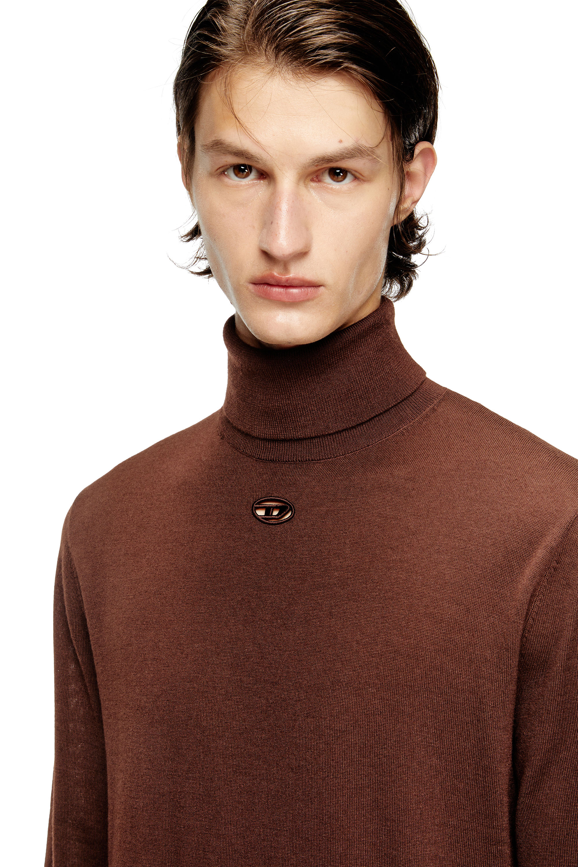 Diesel - K-VARTA, Man's Wool turtleneck jumper with cut-out logo in Brown - 5