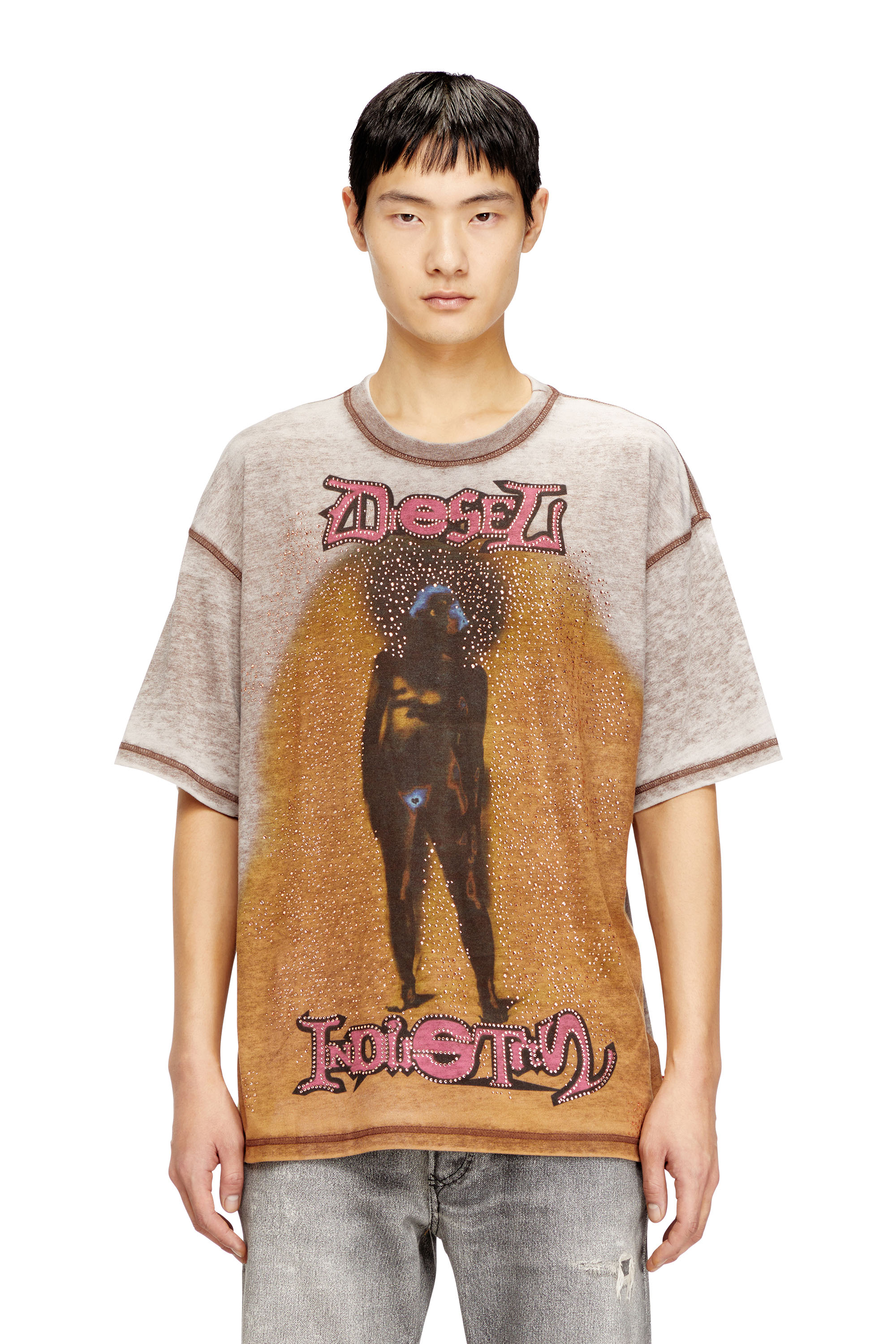 Diesel - T-BOXT-V12, Man's Relaxed T-shirt with print and studs in Light Brown - 3