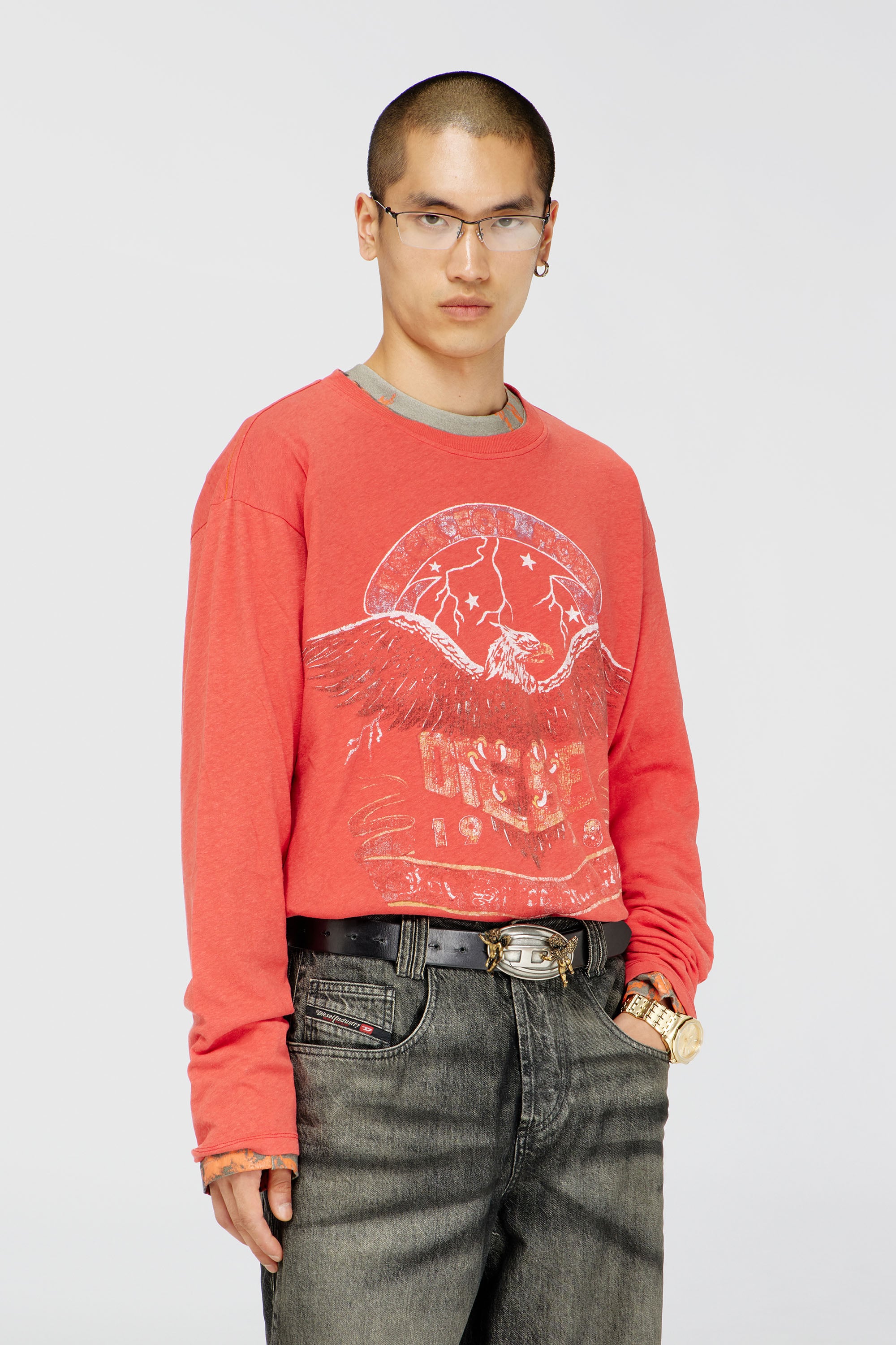 Diesel - T-GERI-LS, Man's Long-sleeve T-shirt with concert graphics in Coral Rose - 2