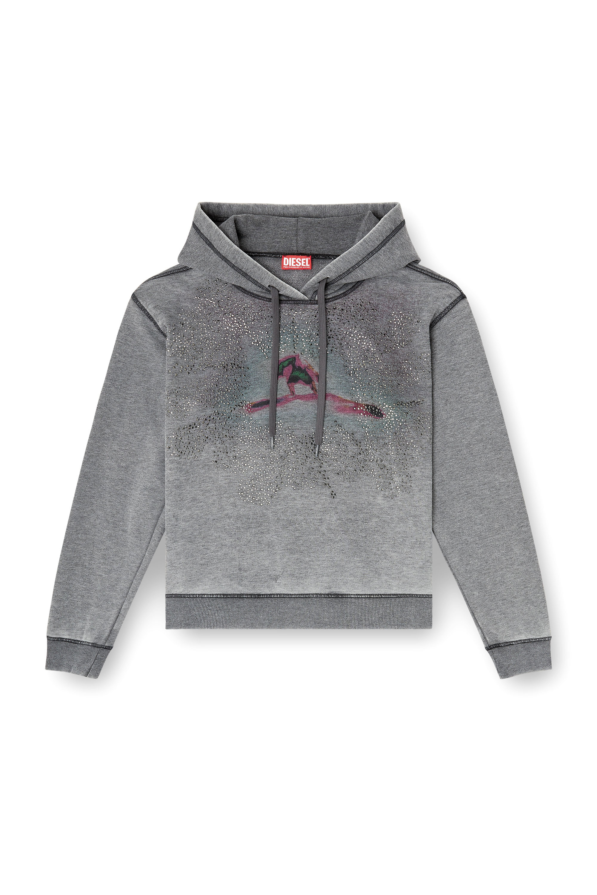 Diesel - F-NORMY-HOOD-S1, Woman's Hoodie with digital graphic and rhinestone detailing in Grey - 2