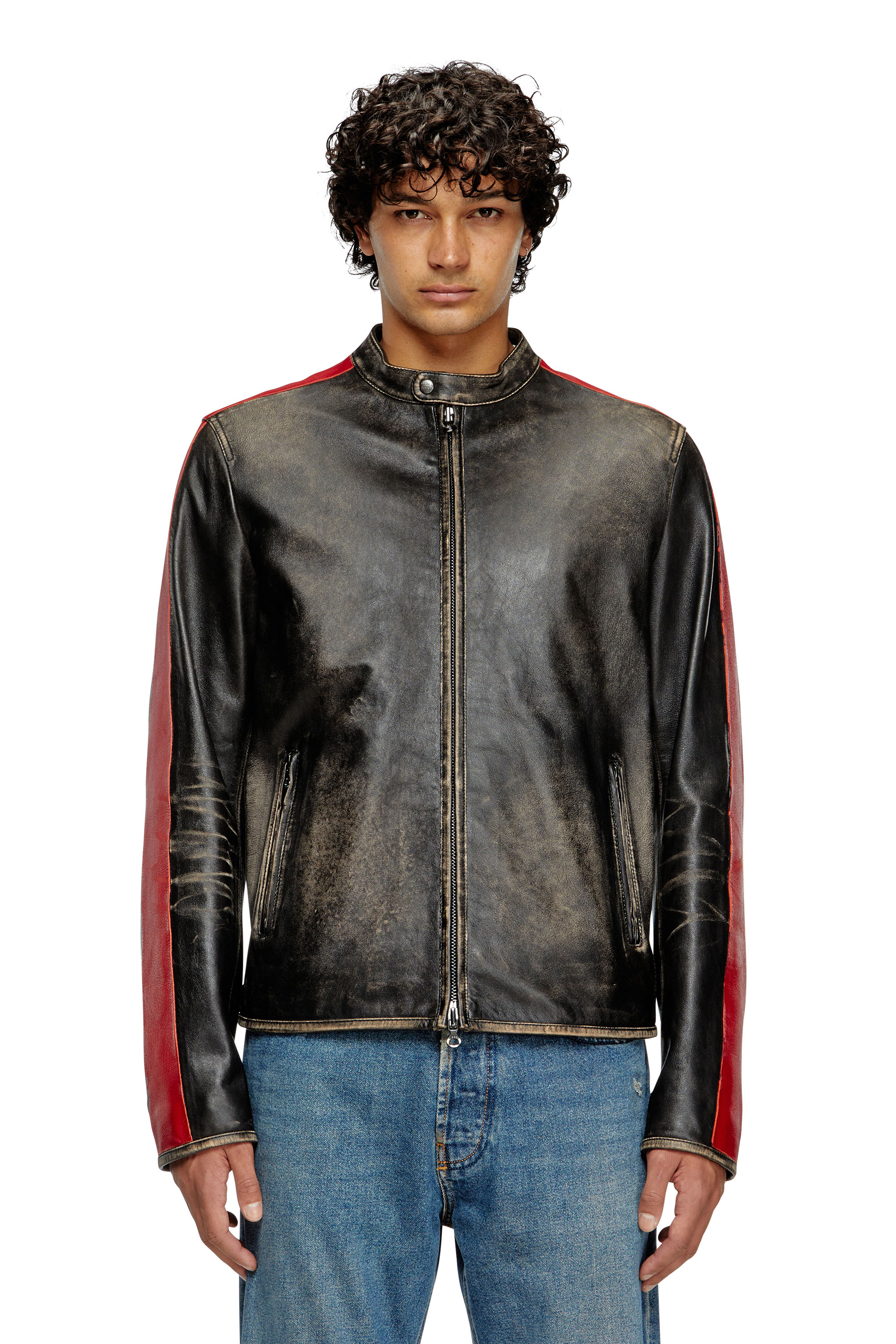 Diesel - L-RENN, Man's Leather jacket with contrasting stripes in Black/Red - 3