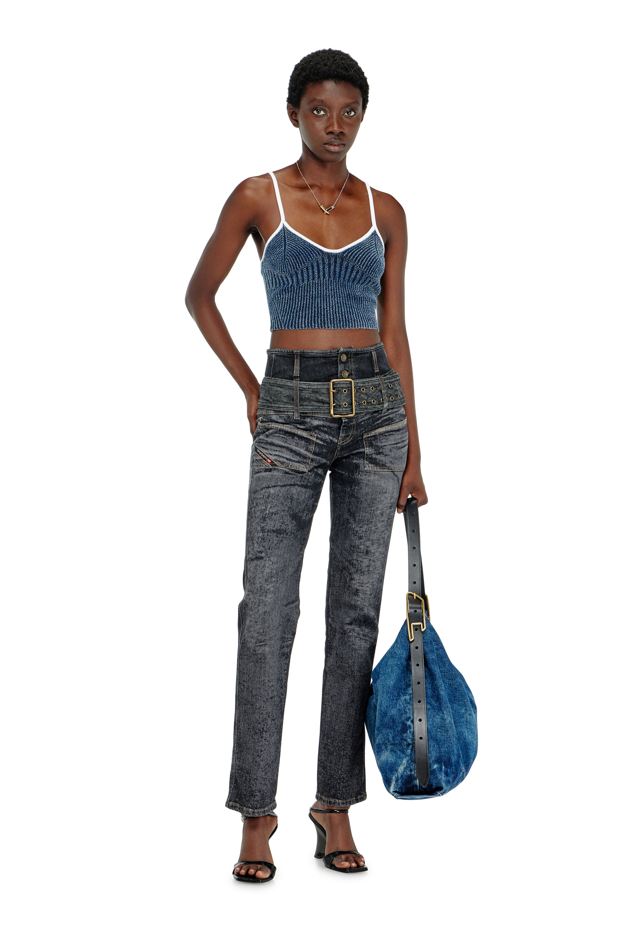 Diesel - M-ESTERE, Woman's Crop top in indigo boucl&eacute; ribbed knit in Blue/White - 1