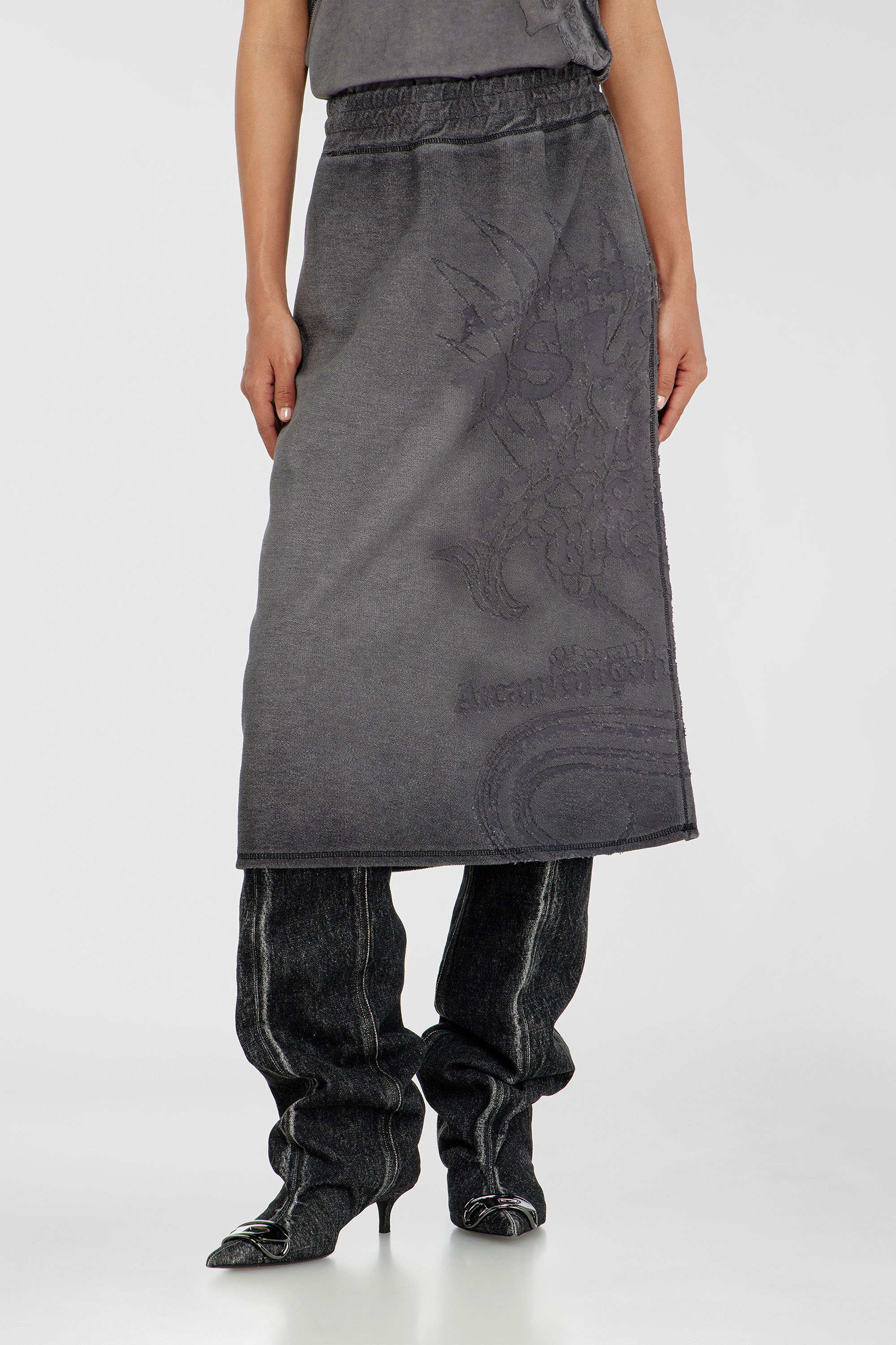 Diesel - O-BEAUTY, Woman's Fleece midi skirt with d&eacute;vor&eacute; print in Dark grey - 3