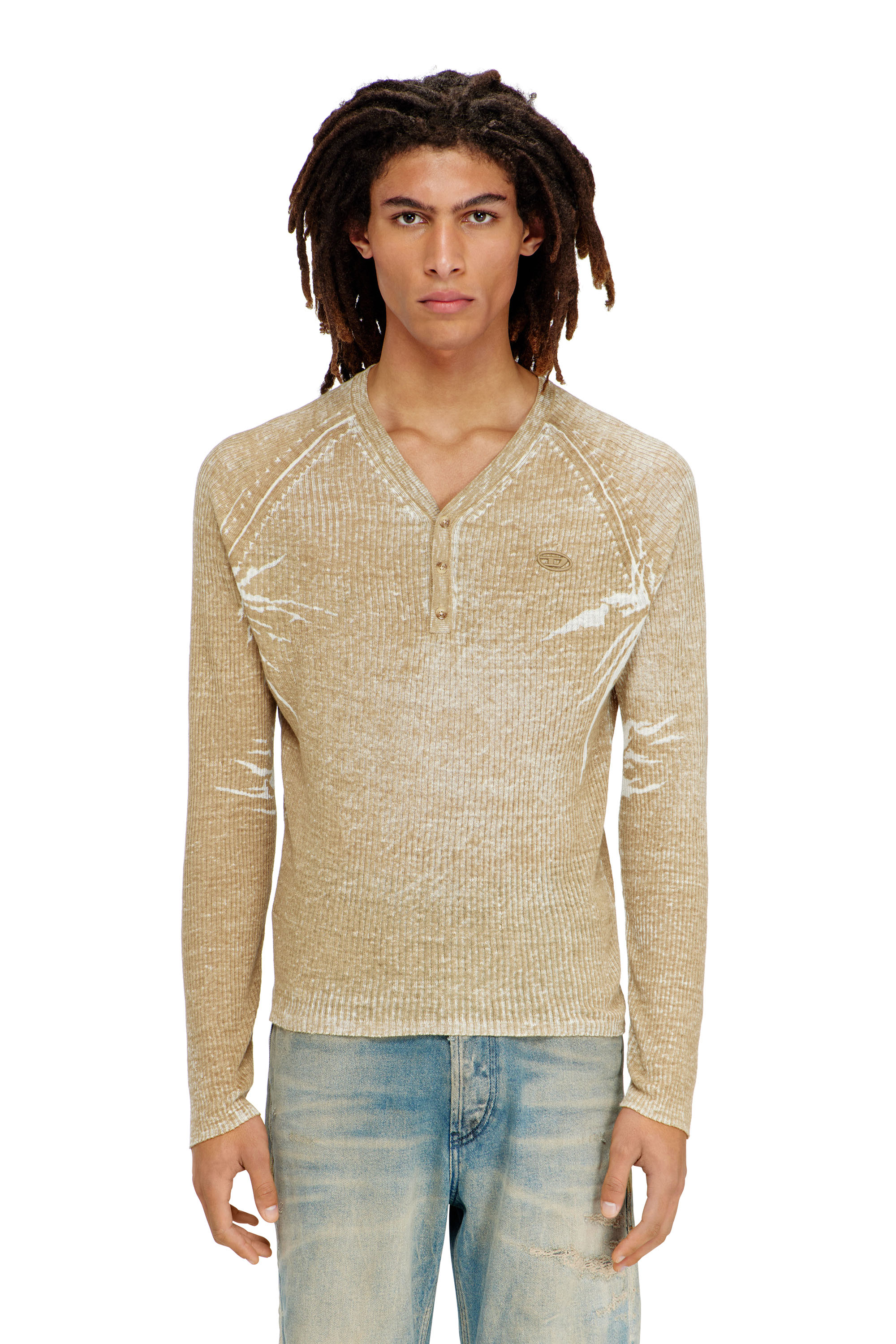 Diesel - K-ZENON, Man's Henley jumper with faded reverse print in Light Brown - 3