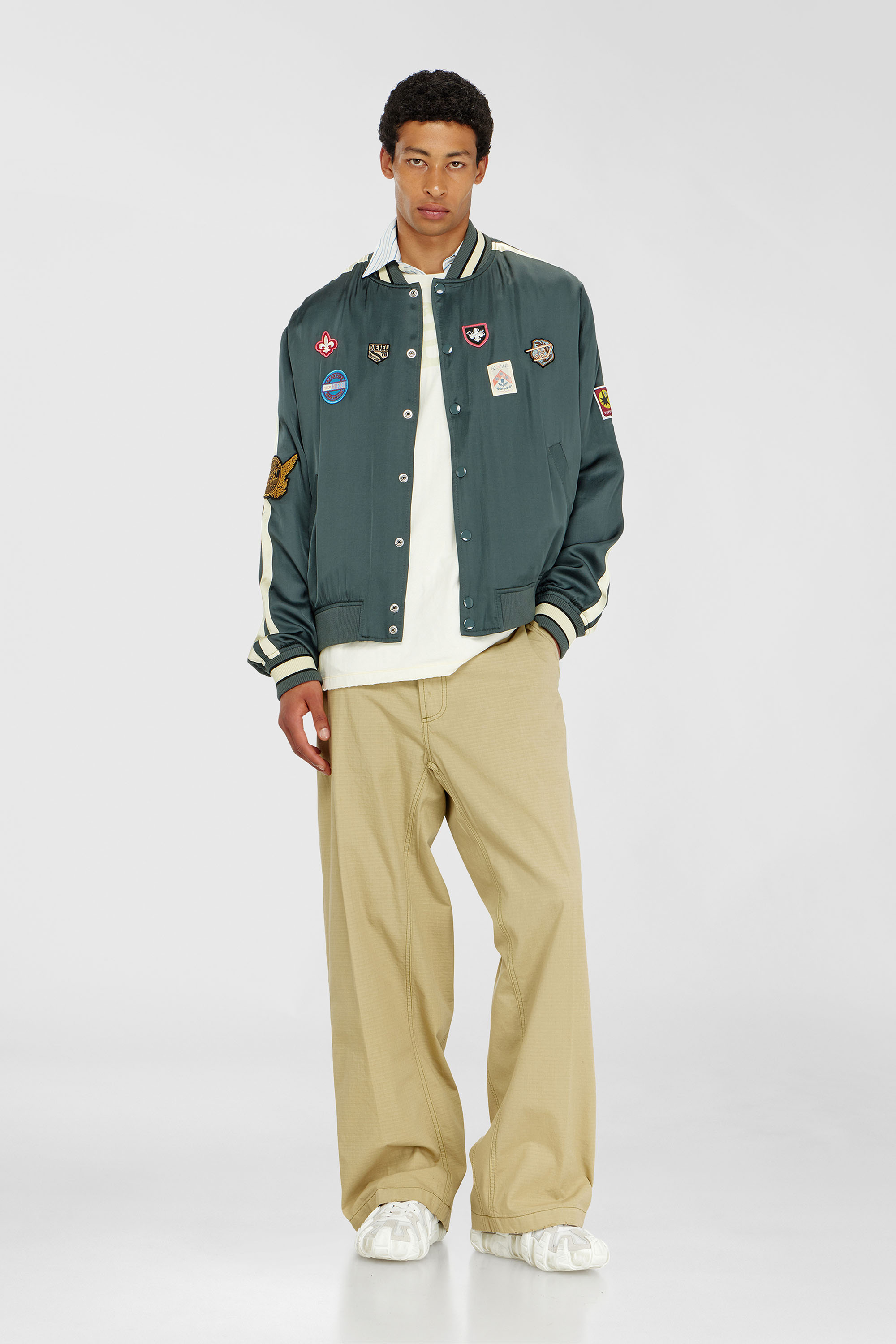 Diesel - J-ANNU, Man's Satin bomber jacket with patches in Dark Green - 1