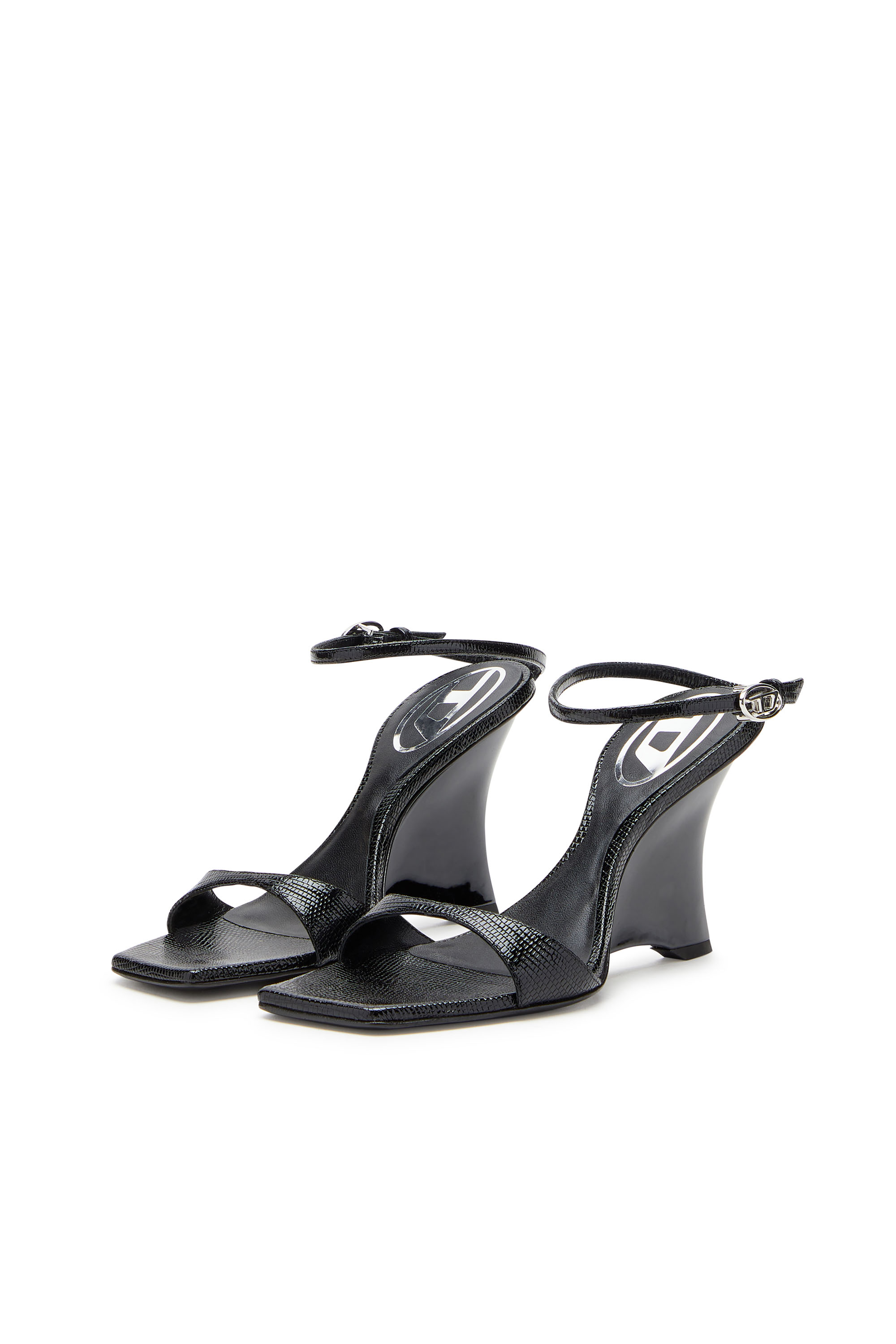 Diesel - D-AMBER SANDAL WEDGE, Woman's D-Amber-Wedge sandals in lizard-effect leather in Black - 8