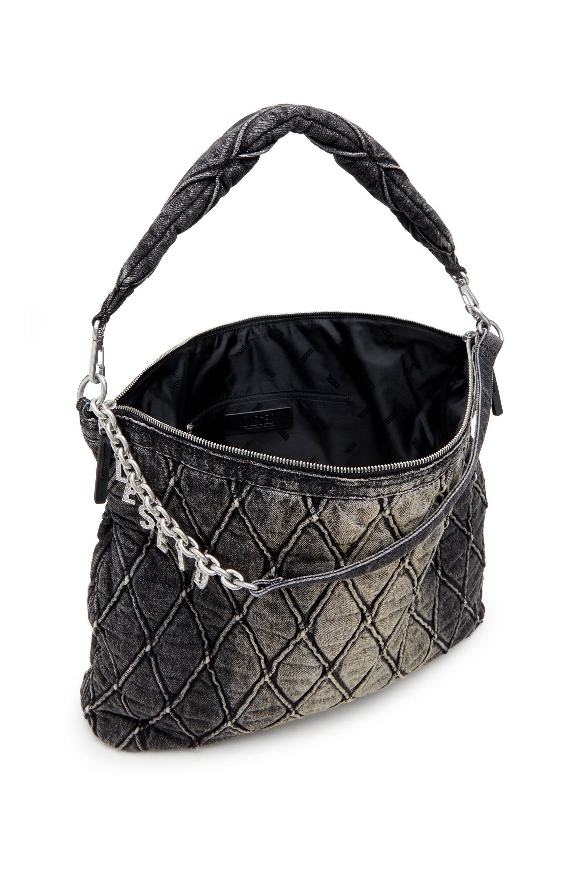 Diesel - CHARM-D HOBO, Woman's Charm-D-Large hobo in treated quilted denim in Black - 3