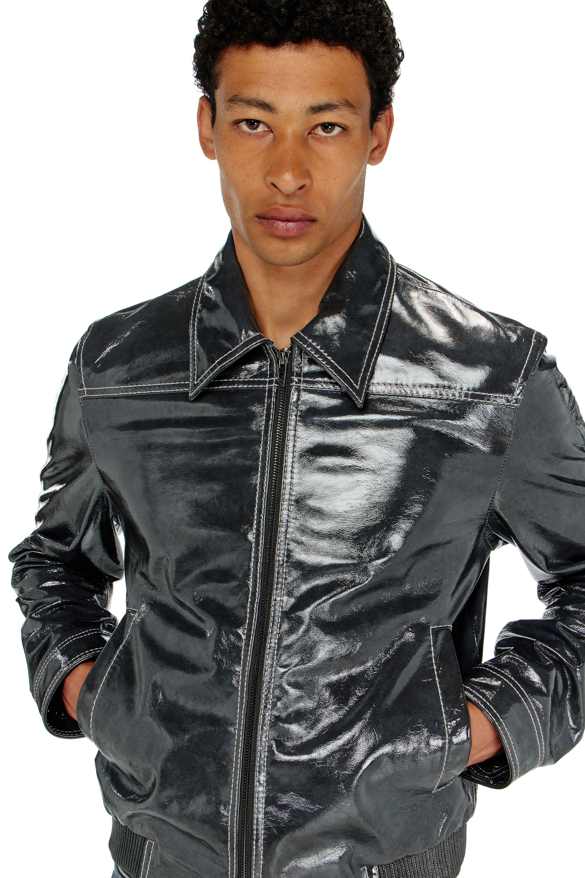 Diesel - L-ADDI, Man's Patent-leather jacket in Dark grey - 5