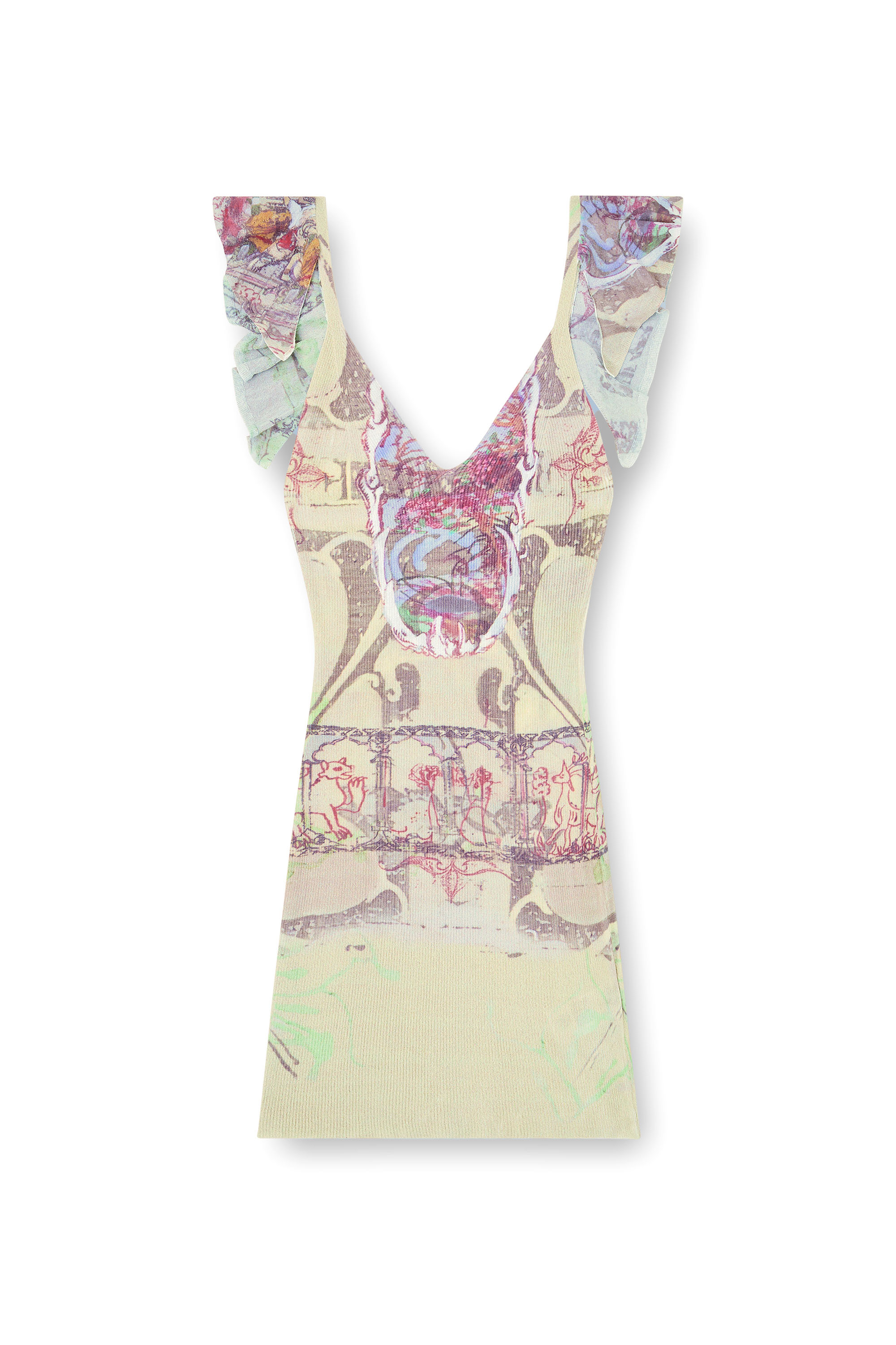 Diesel - M-FIORENZA, Woman's Ribbed dress with mixed medieval print in Beige - 3