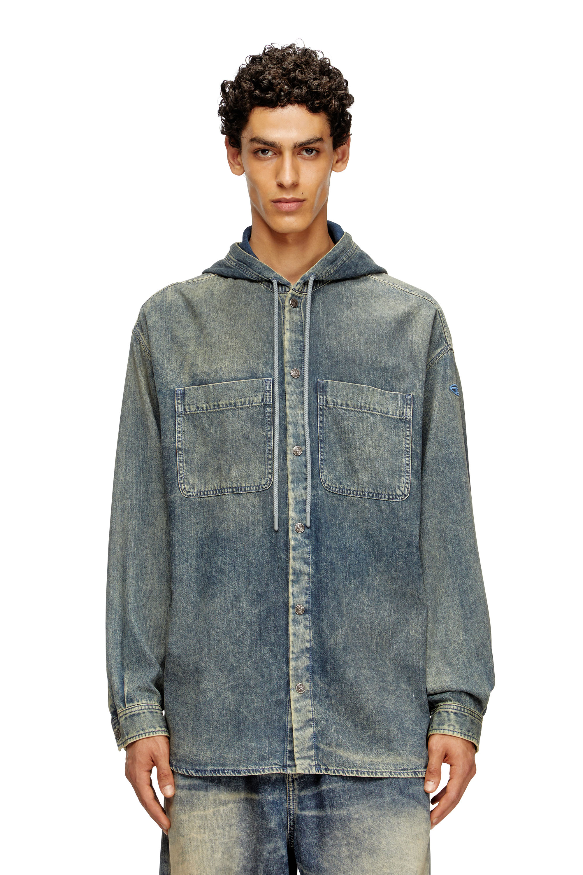Diesel - D-DEWNY-HOOD-S2, Man's Overshirt in marbled coated denim in Medium blue - 3