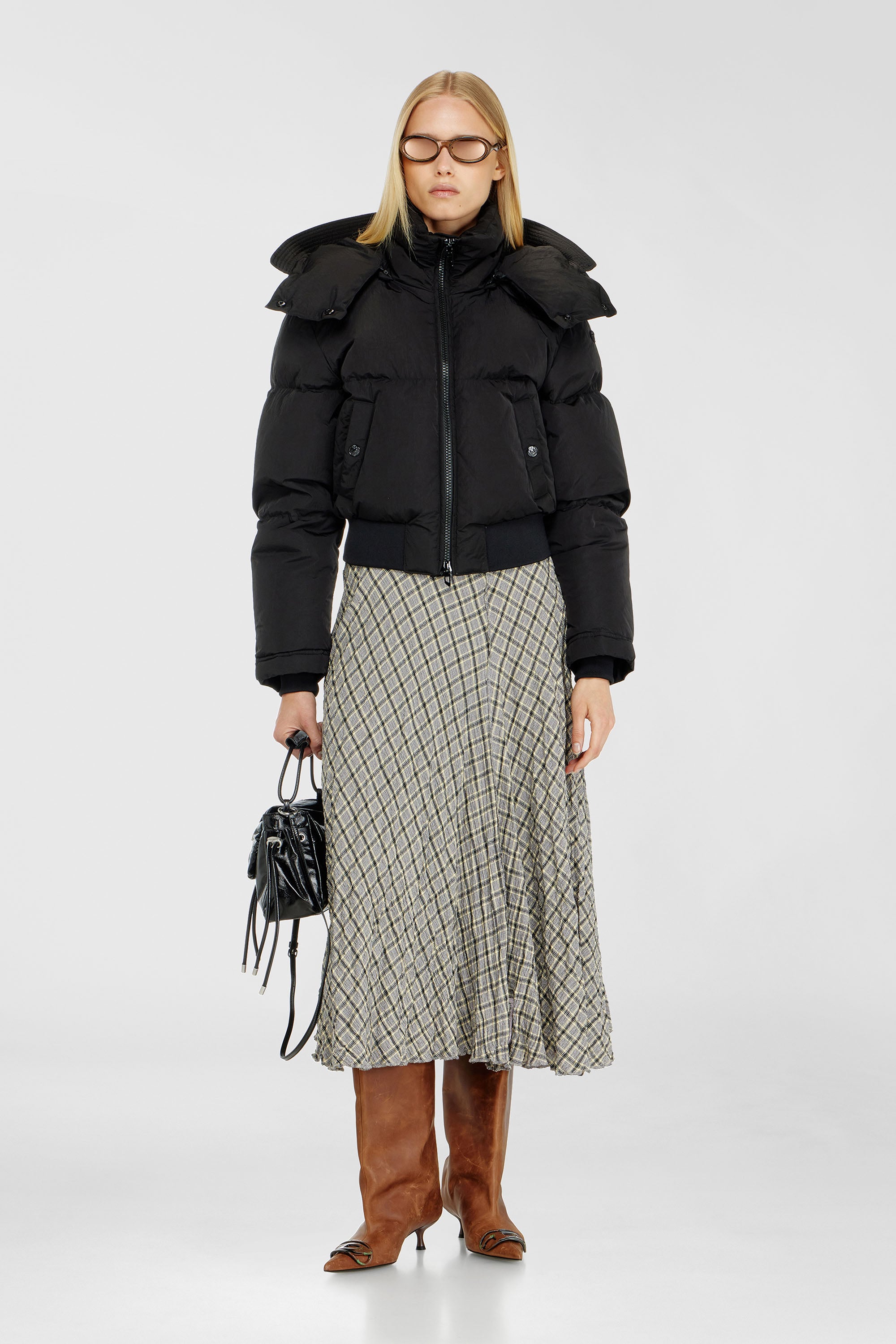 Wrinkled-nylon down puffer jacket with detachable hood