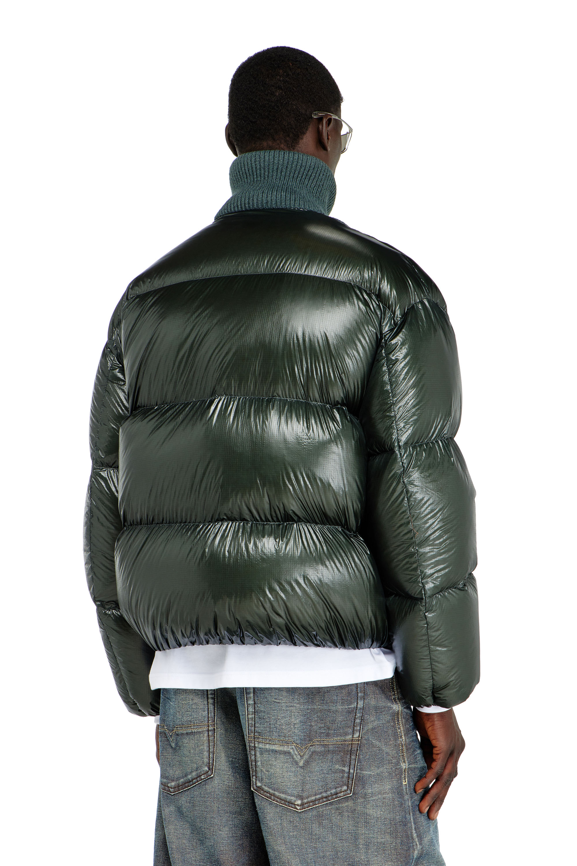Diesel - W-RIBB, Man's Down puffer jacket in ripstop with ribbed collar in Dark Green - 4
