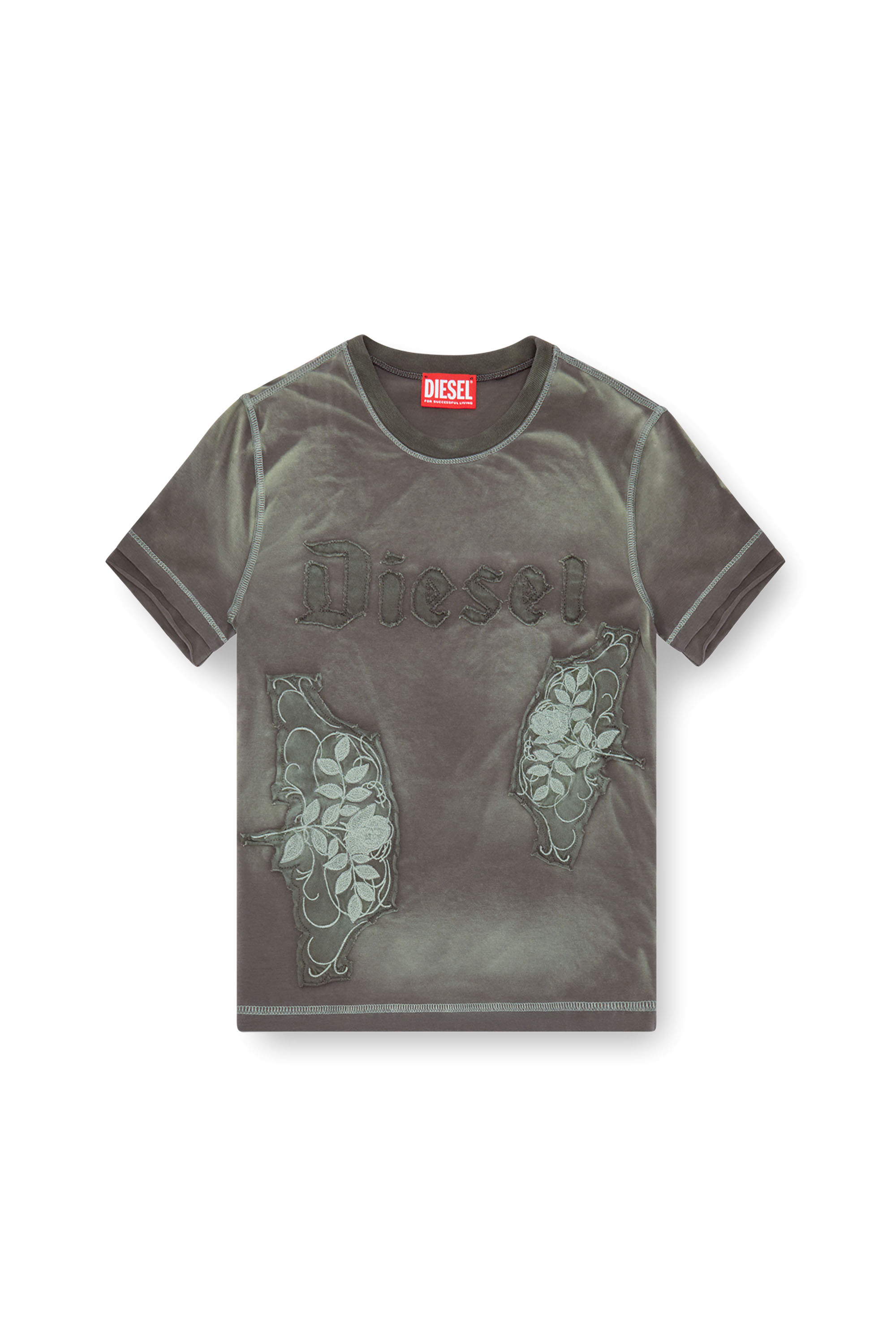 Diesel - T-UNCUT, Woman T-shirt with embroidered floral patches in Green - Image 3