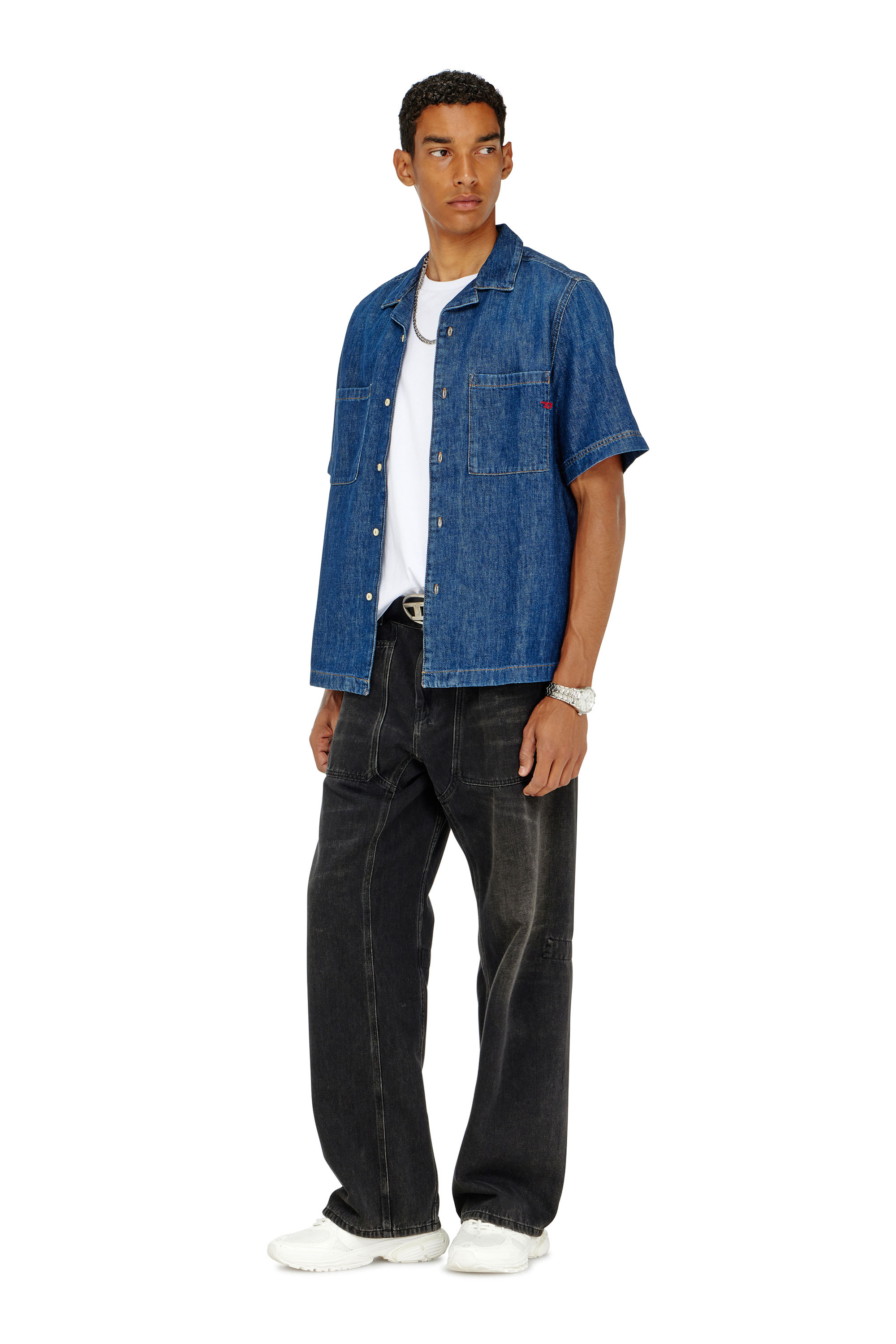Diesel - D-PAROSHORT, Man's Bowling shirt in denim in Dark Blue - 2